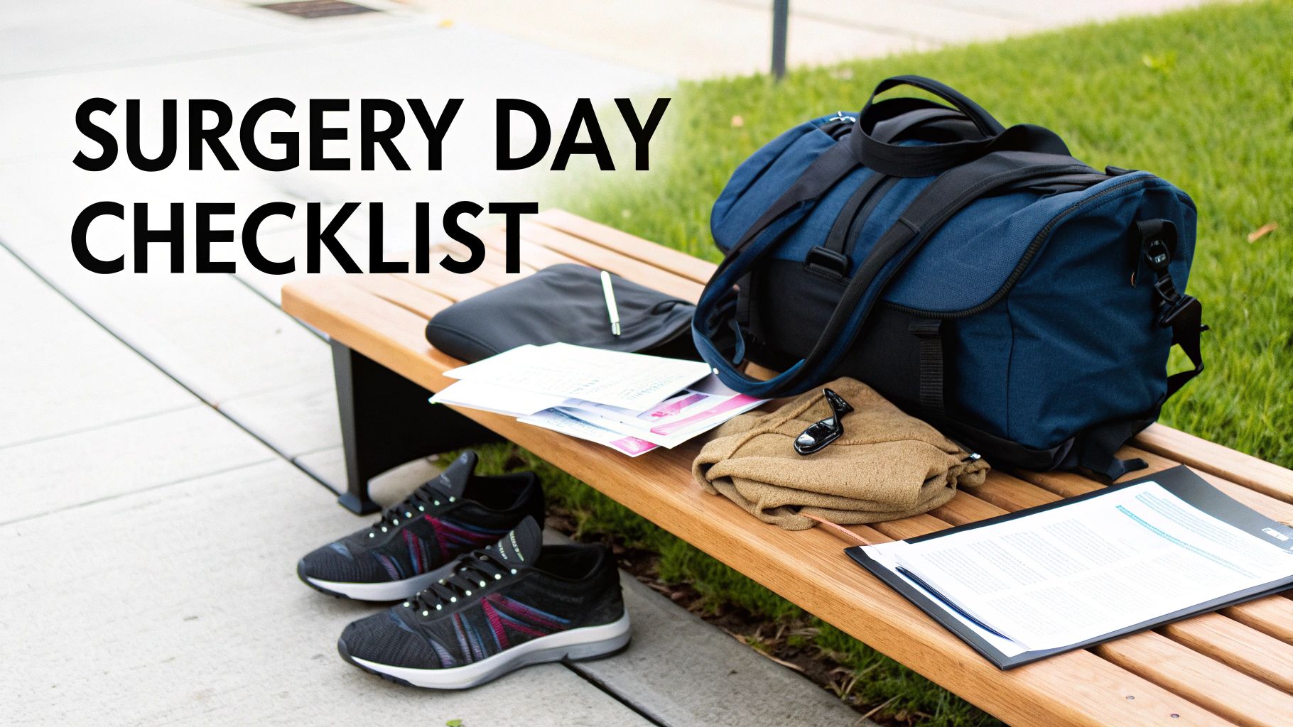 A surgery day checklist, including a duffel bag, documents, shoes, and comfort items on a bench.
