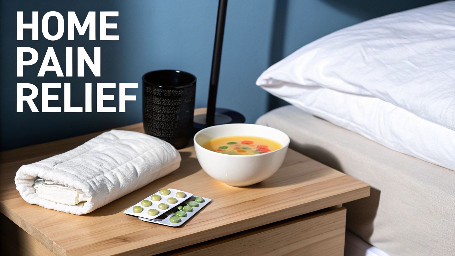 A bedside table with home pain relief items: a wrapped hot pack, pills, soup, and a mug, next to a bed.