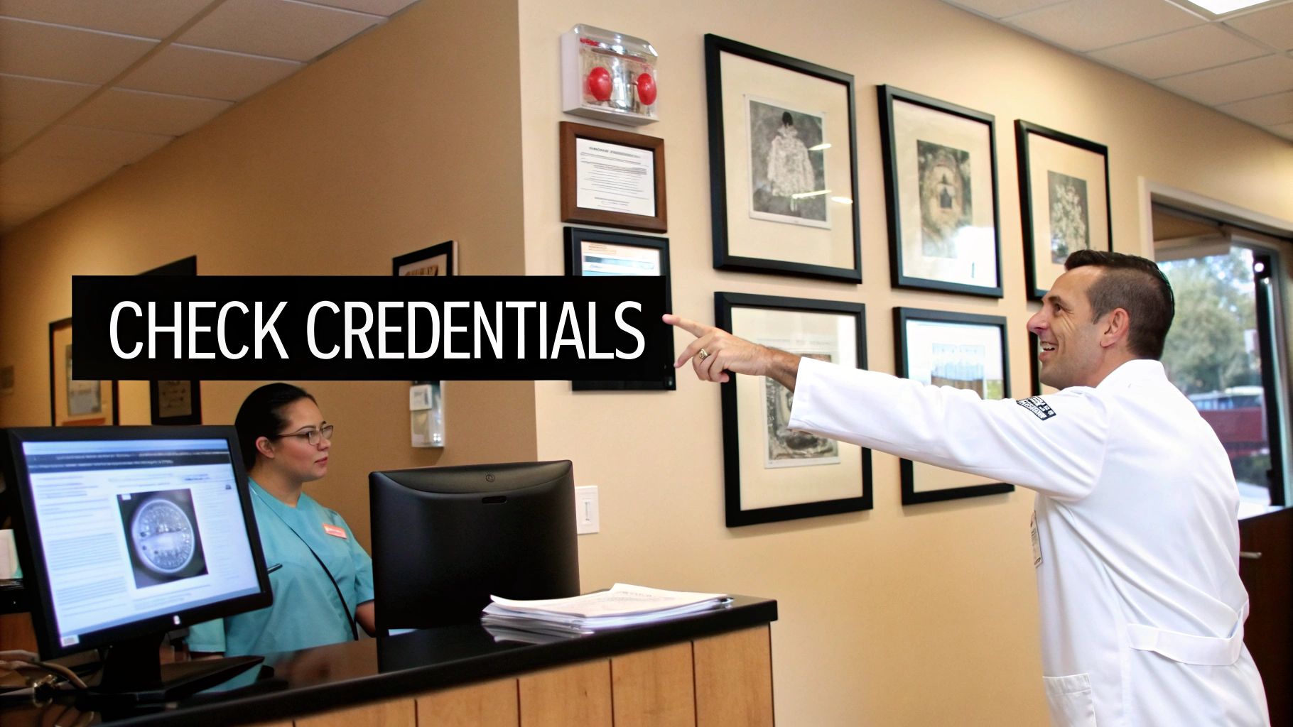 A male doctor in a white coat points, with a female medical professional at a desk in a clinic.