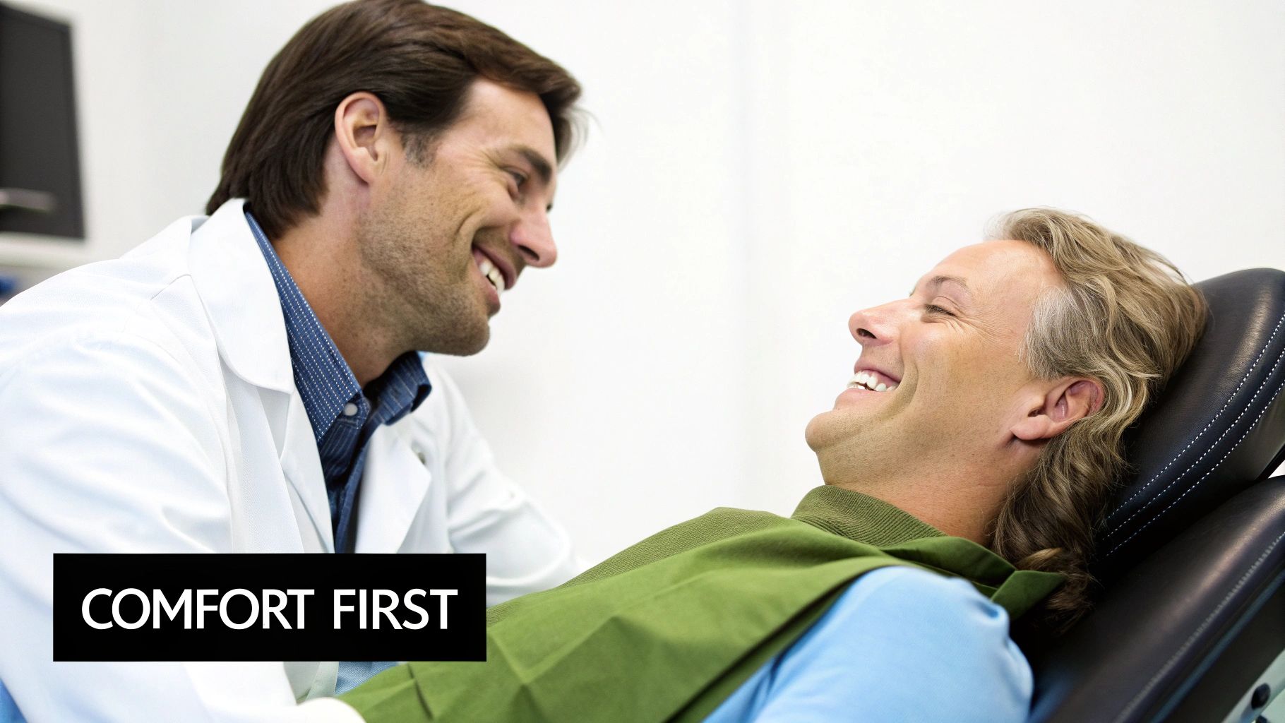 A smiling dentist comforts a happy patient lying in a dental chair during a positive visit.