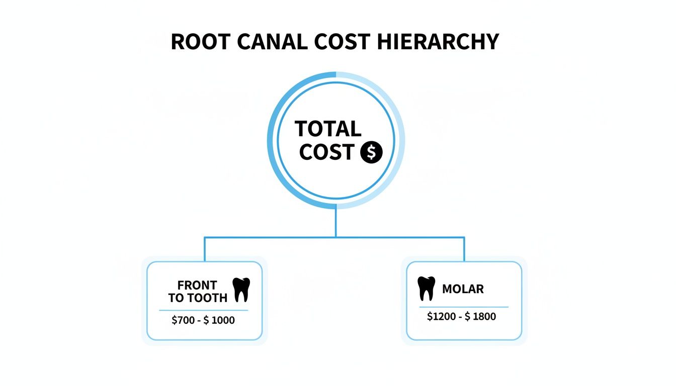 Diagram illustrating root canal cost hierarchy, showing prices for front teeth and molars.