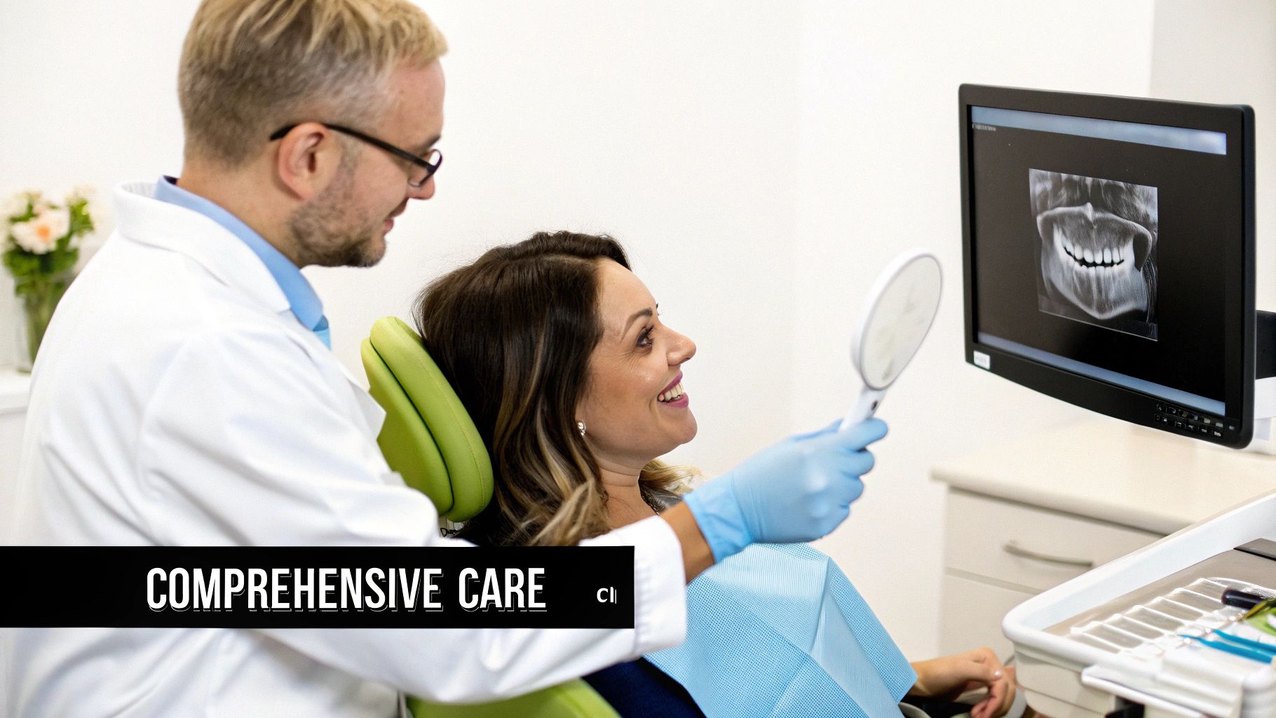 Dentist and smiling female patient reviewing dental X-ray and her teeth during a comprehensive care visit.