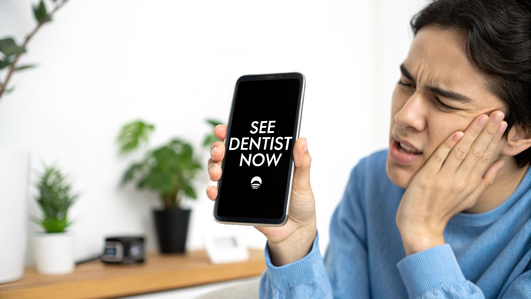 A person grimacing in pain holds a smartphone with 'SEE DENTIST NOW' on the screen.