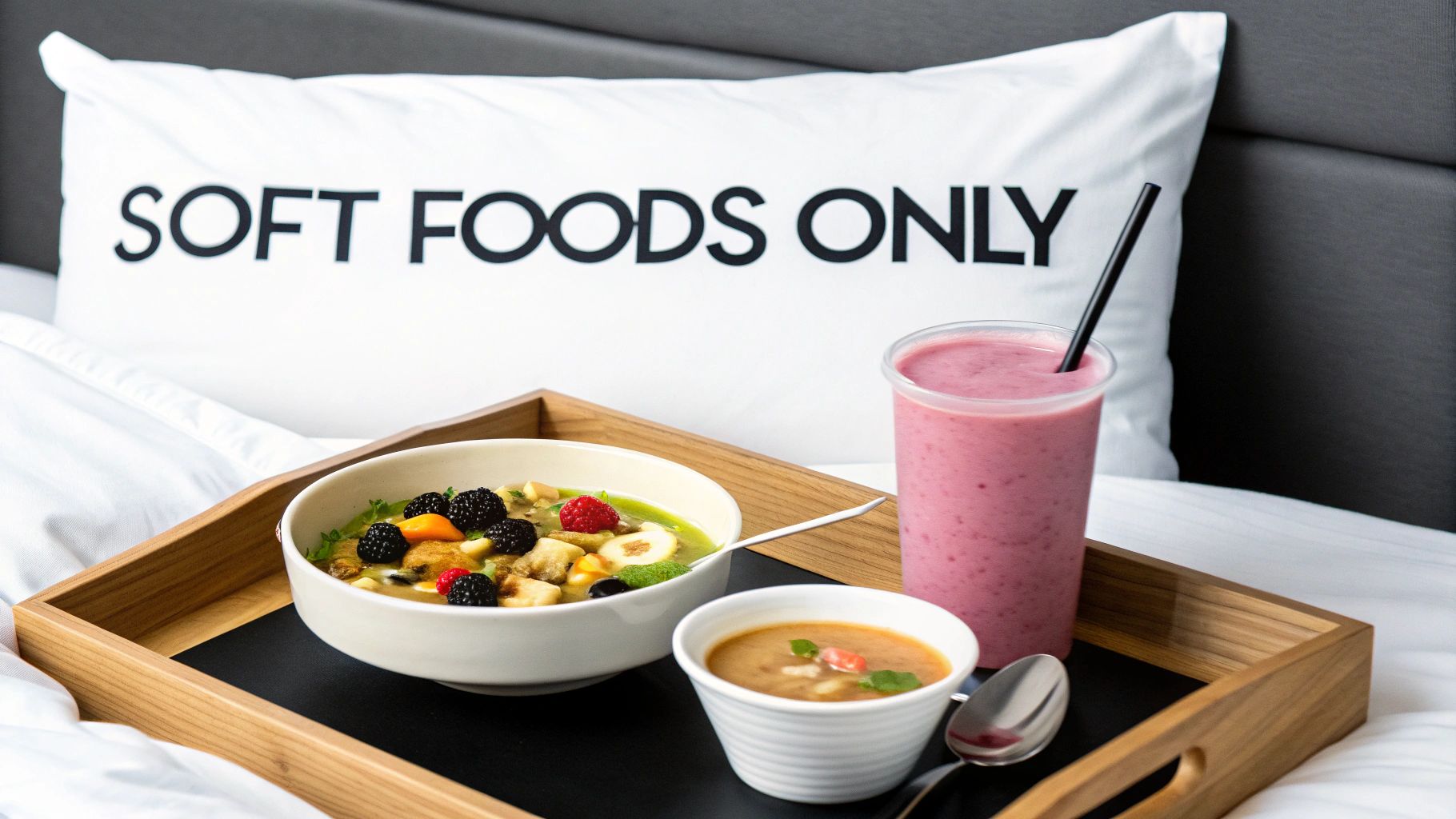 A breakfast tray with a smoothie, fruit bowl, and soup, on a bed with a 'SOFT FOODS ONLY' pillow.