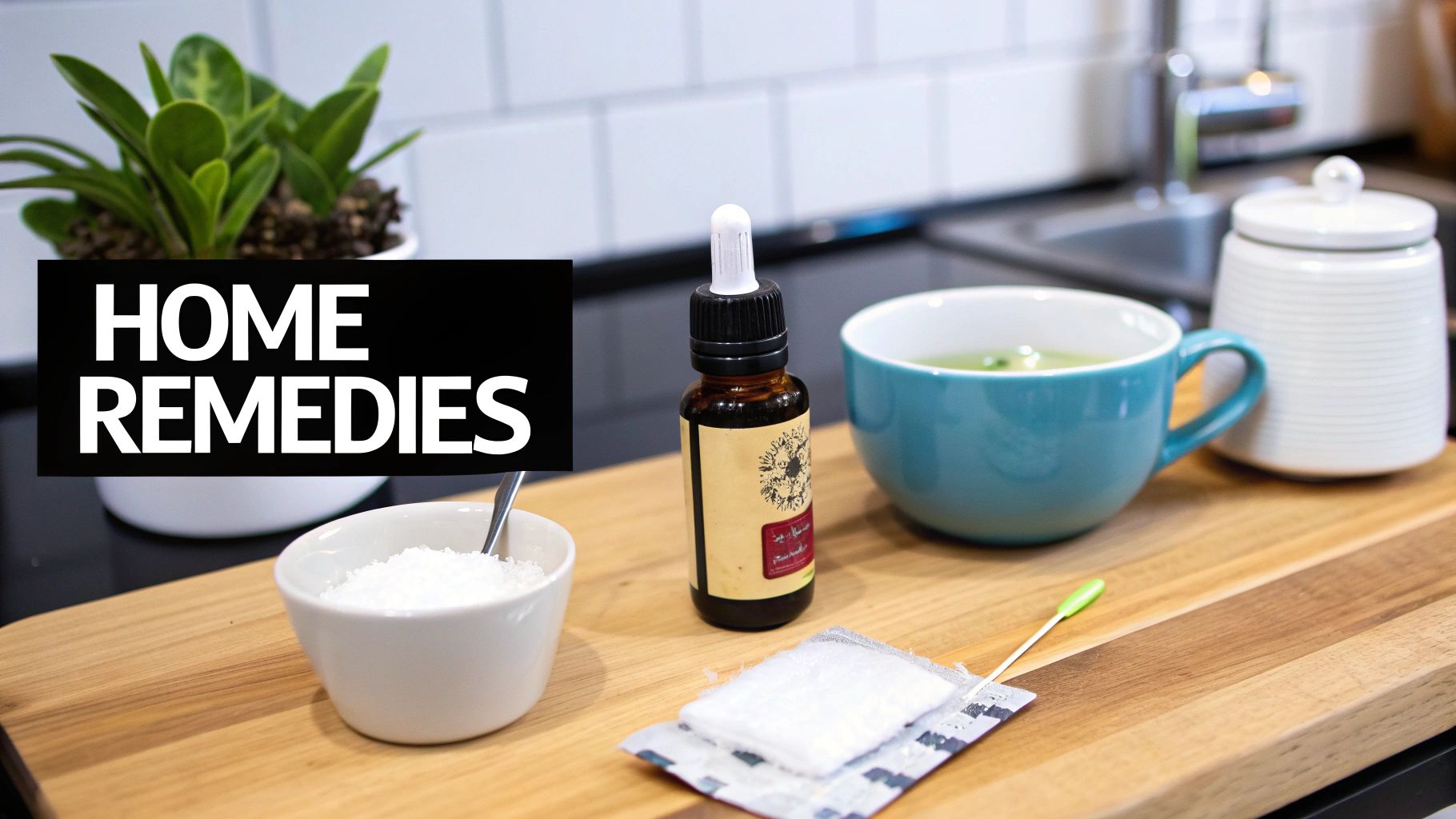 A collection of home remedy items like a salt shaker, clove oil, and a peppermint tea bag