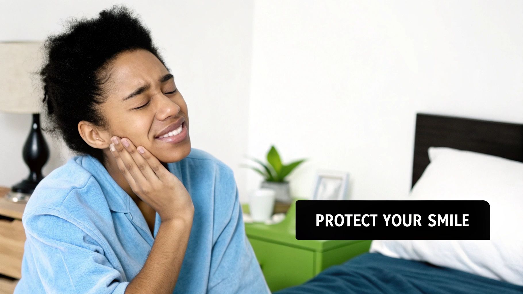 A young woman experiences toothache pain, clutching her jaw, with a dental health message.