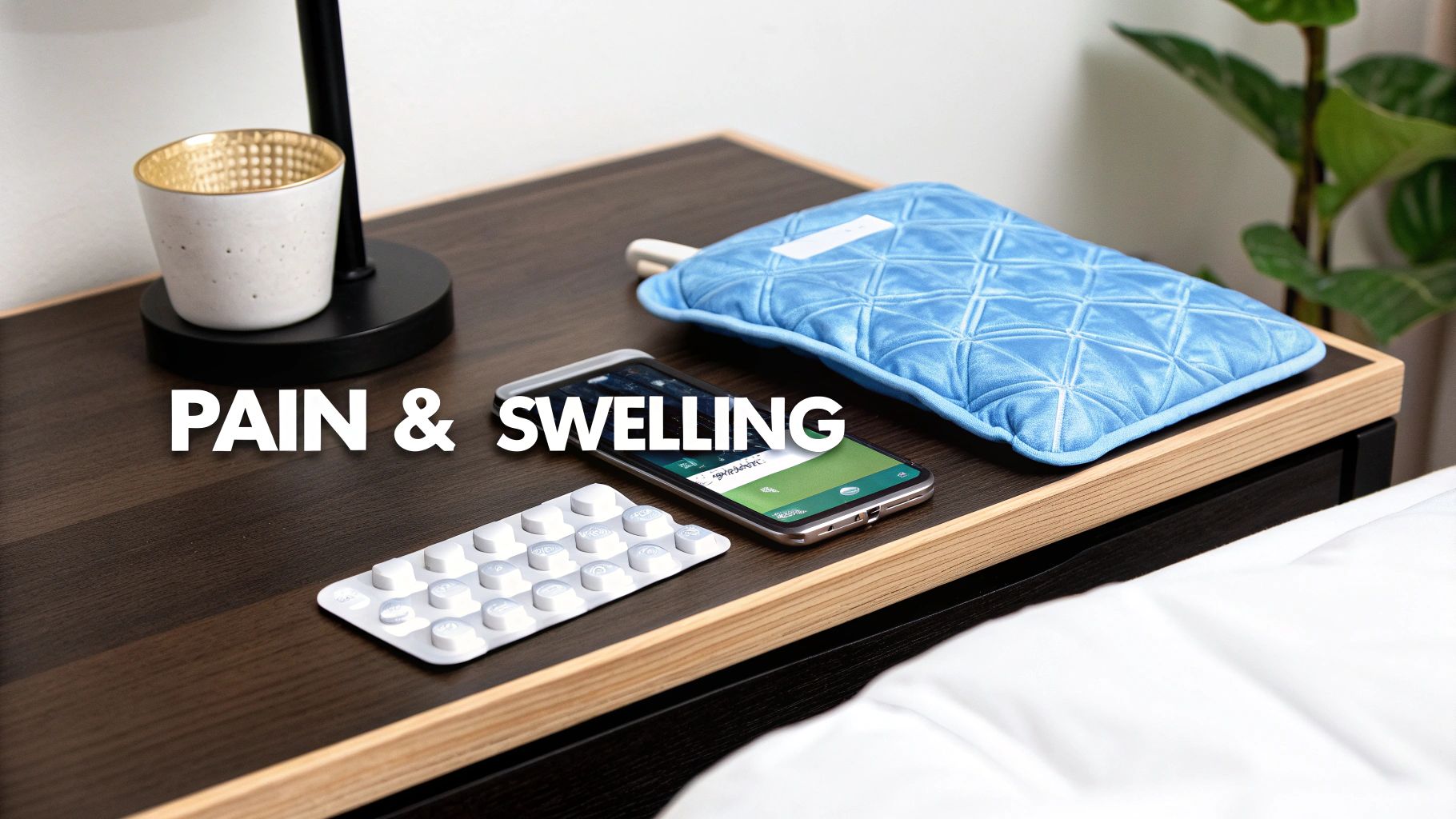 A bedside table with pain medication, a smartphone, and a blue ice pack for tooth extraction recovery.