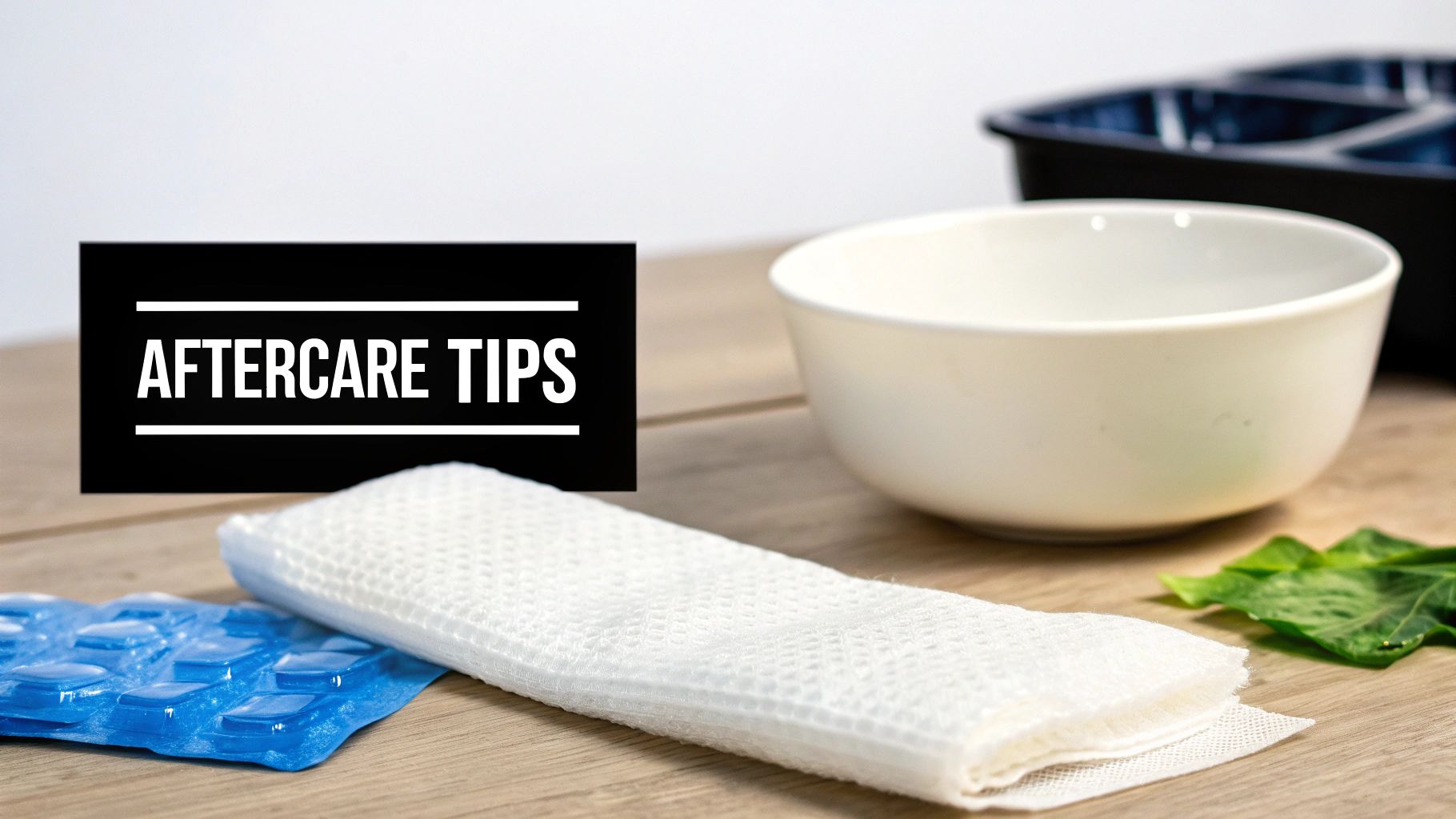 Aftercare tips displayed on a black banner with an ice pack, white cloth, and bowl on a wooden surface.