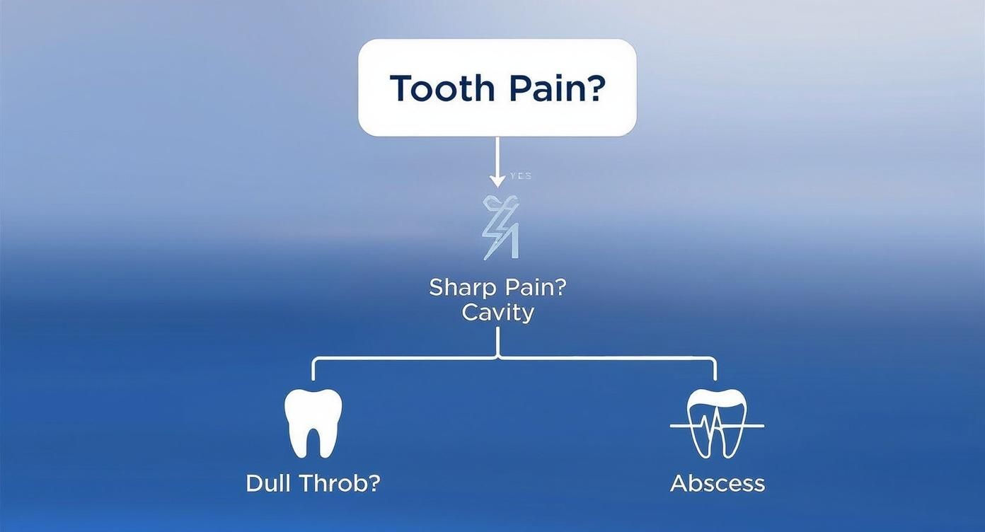 Infographic decision tree to help determine the cause of tooth pain, starting with sharp pain versus a dull throb.