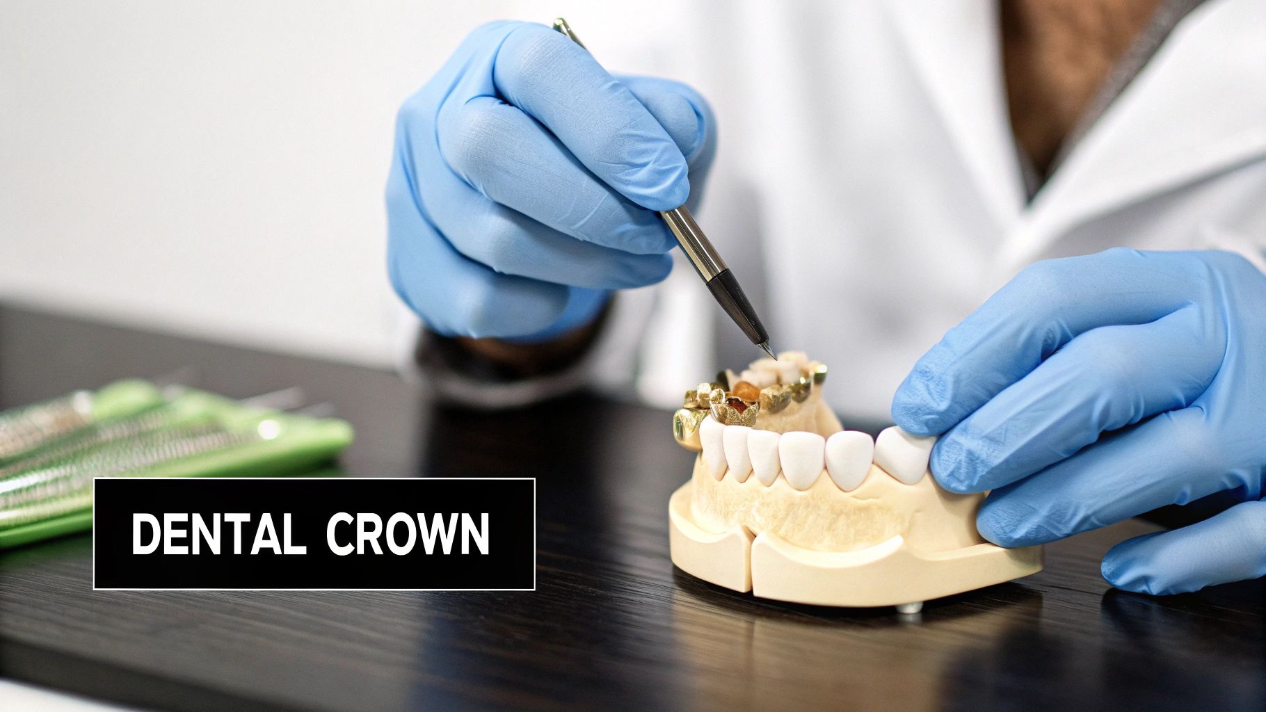 A dentist in blue gloves works on a dental model with a tool, focusing on dental crowns.