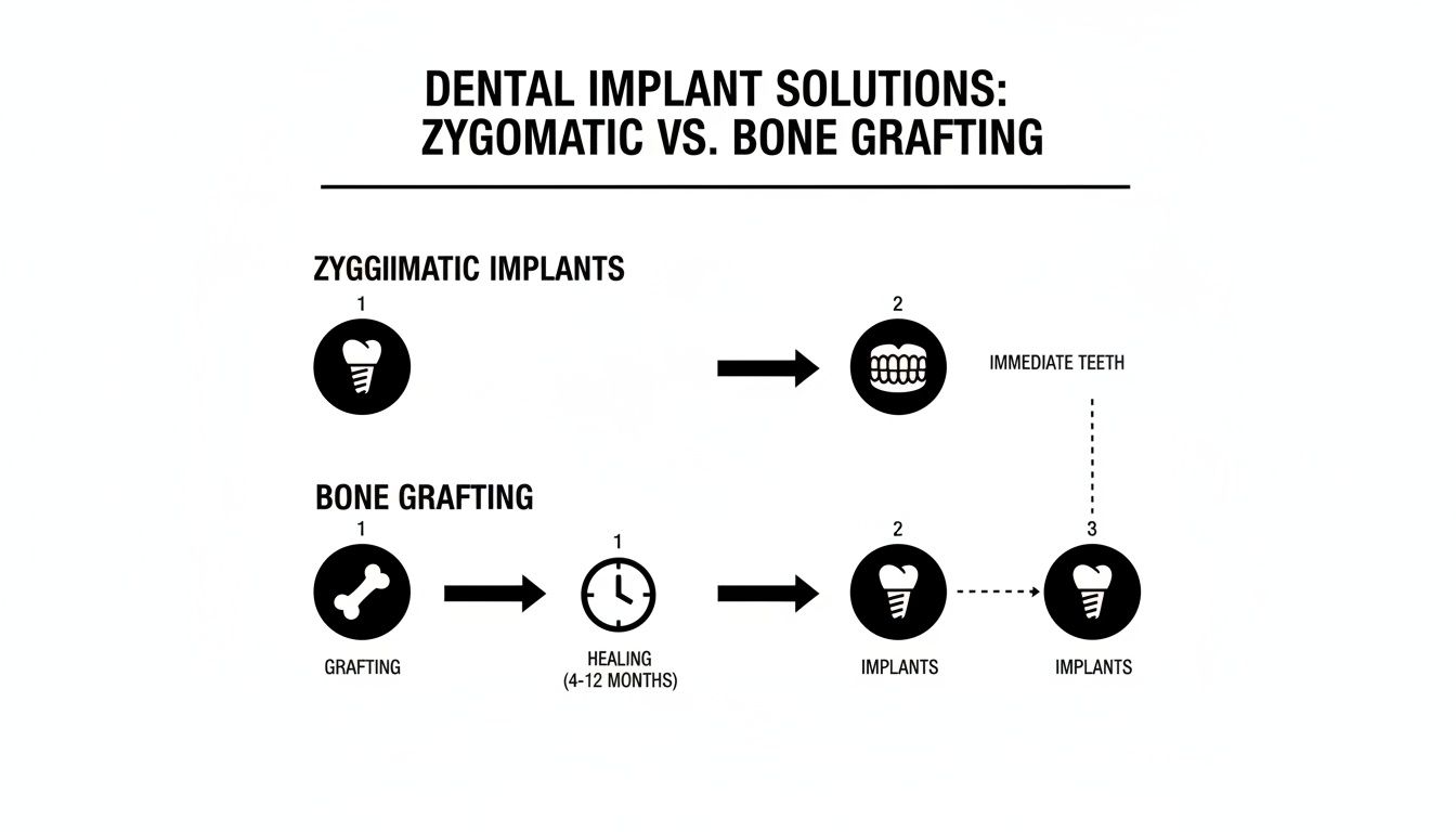A diagram comparing zygomatic implants, which lead to immediate teeth, with bone grafting, a multi-step process for dental implants.