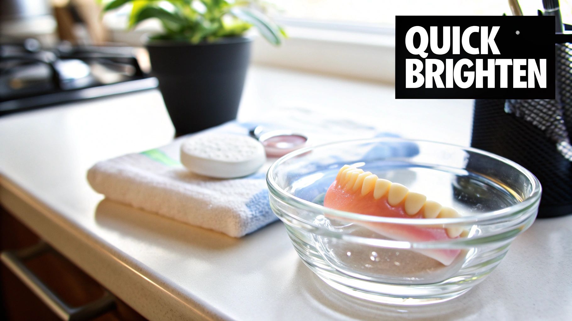 A set of dentures soaking in a clear bowl of water with a cleaning tablet and towel.