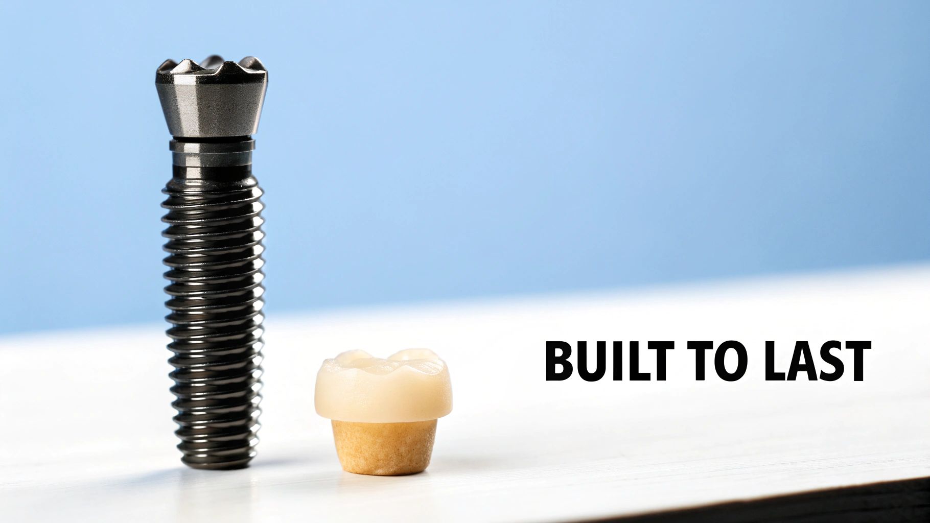 A complete dental implant setup, showing a titanium screw, an abutment, and a ceramic crown, representing a long-lasting tooth replacement.