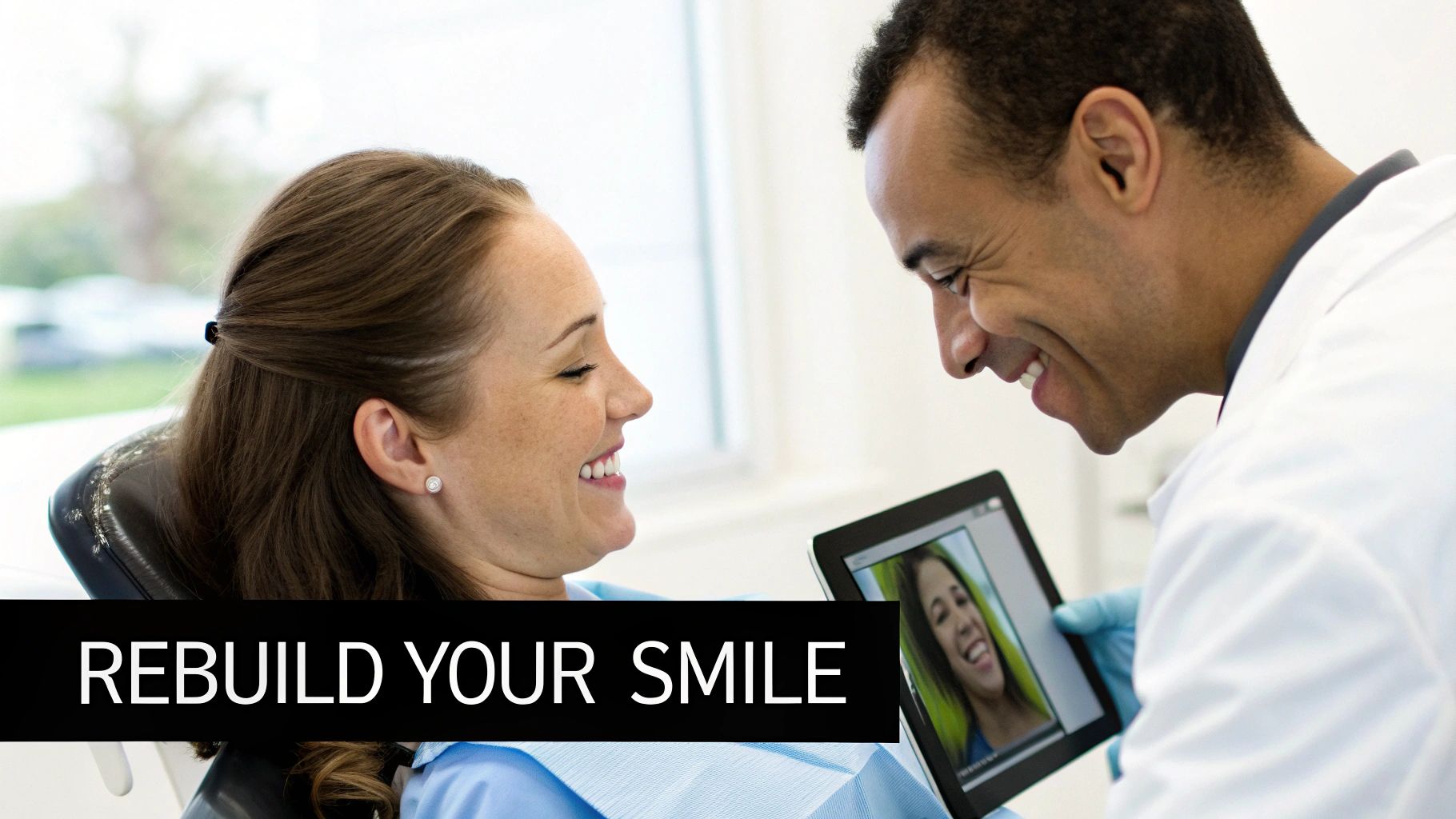 Smiling dentist and patient review a tablet displaying a happy woman, with "REBUILD YOUR SMILE" text.
