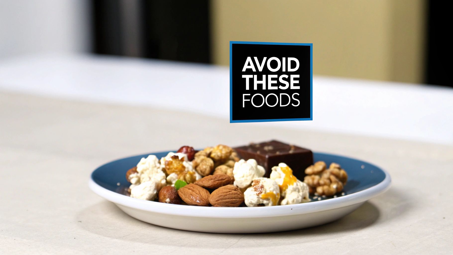 A plate of snacks including popcorn, nuts, and chocolate with a floating text box "AVOID THESE FOODS."