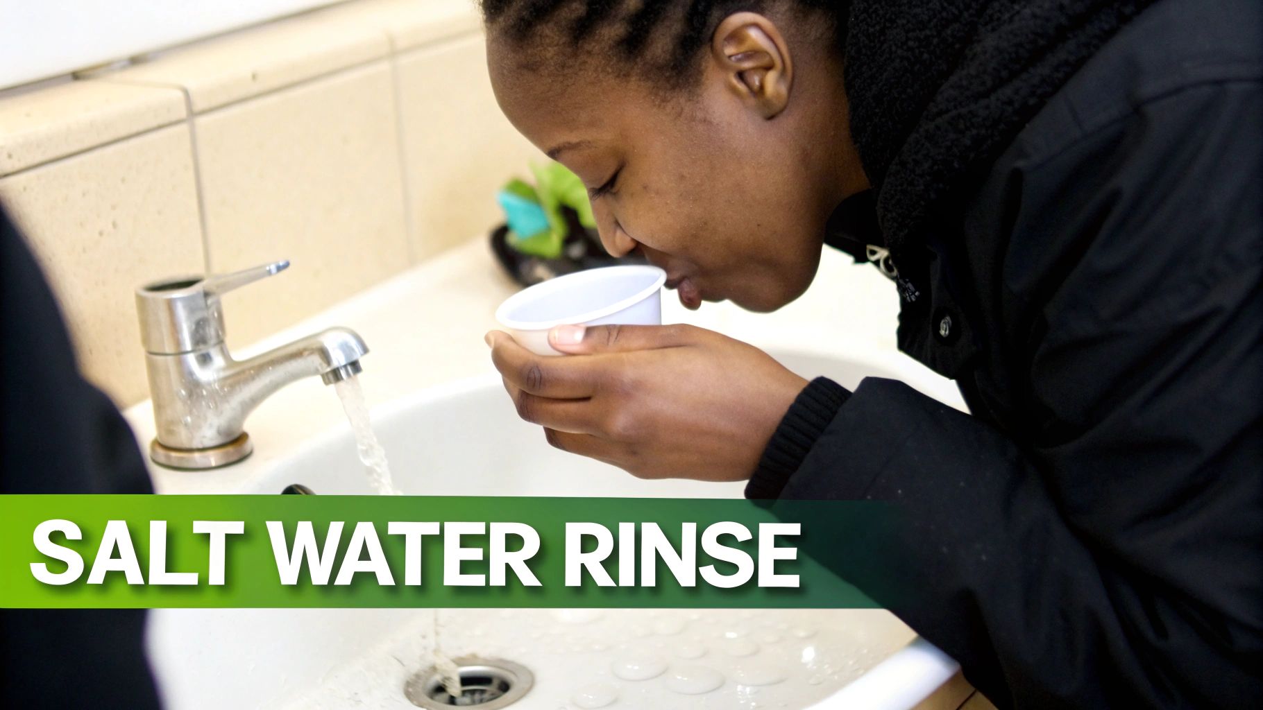 Young woman performing salt water rinse over sink for oral health and healing