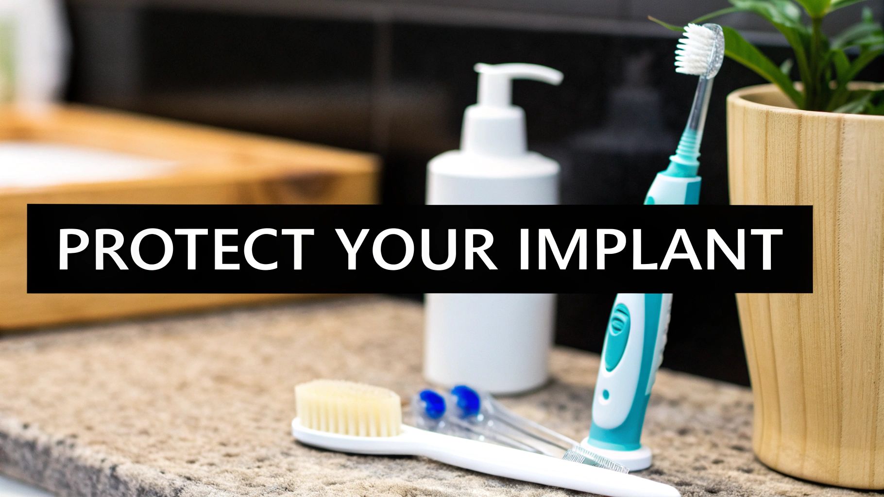 Dental hygiene products including toothbrushes and interdental brushes on a counter, with text 'PROTECT YOUR IMPLANT'.