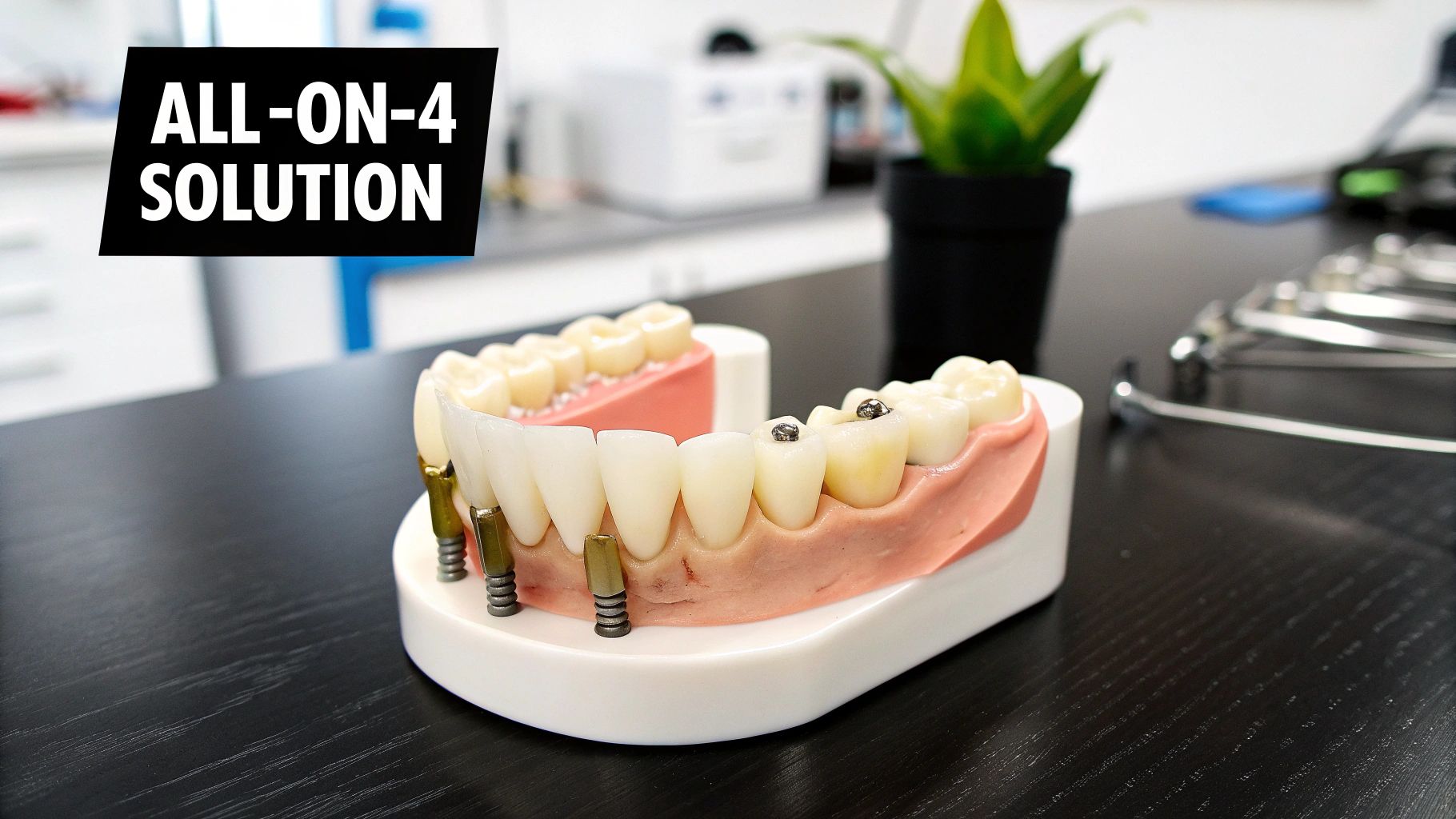 A detailed dental model demonstrating the All-on-4 solution with visible implants and prosthetic teeth.
