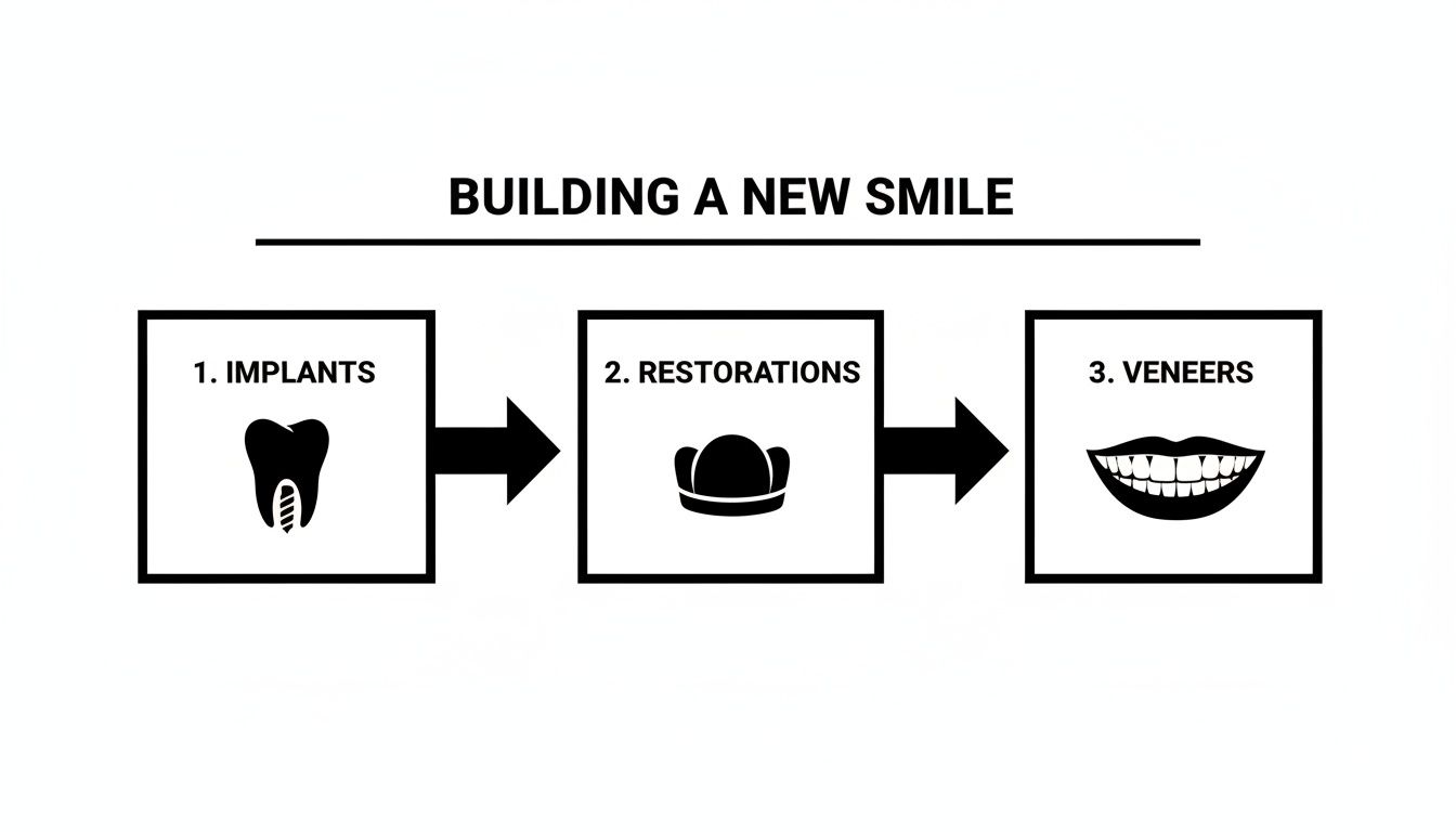 An infographic detailing the three steps to building a new smile: implants, restorations, and veneers.