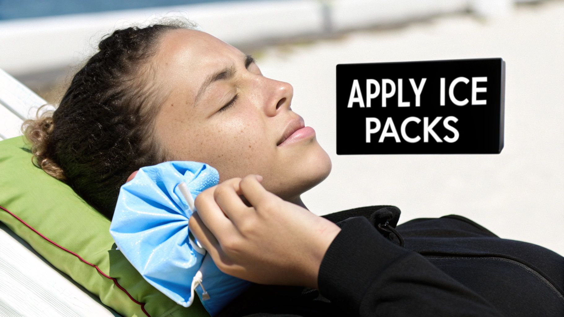 Patient lying down applying blue ice pack to jaw after wisdom teeth teeth removal surgery