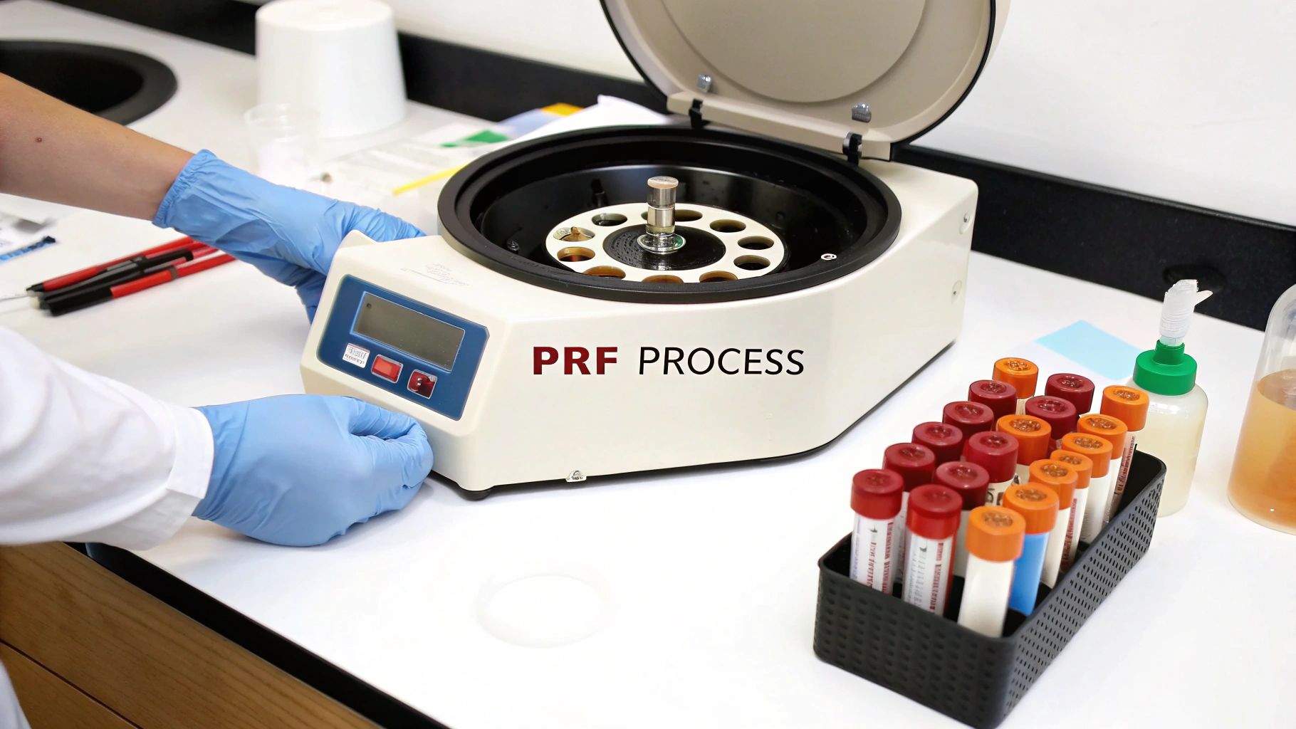 A person in blue gloves operates a centrifuge with test tubes, performing a PRF process in a laboratory.