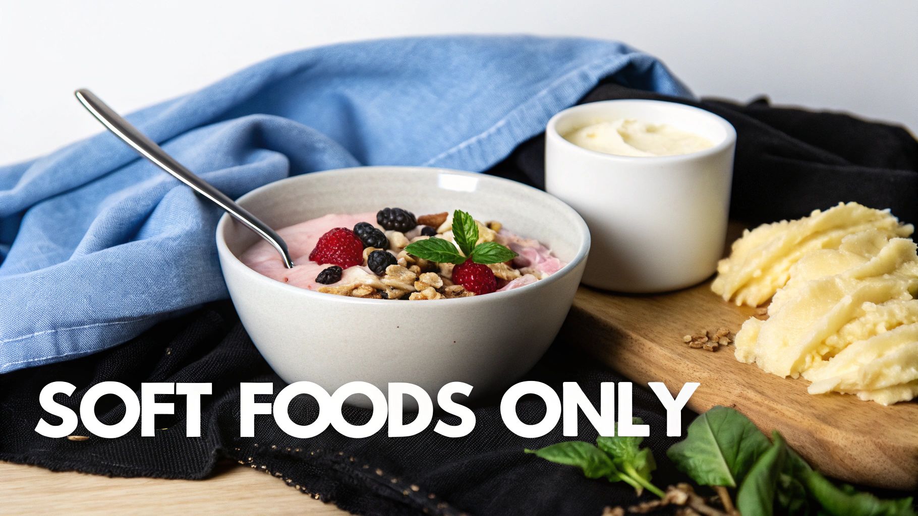A bowl of pink yogurt with berries, granola, and mint, alongside creamy soft foods on a board.