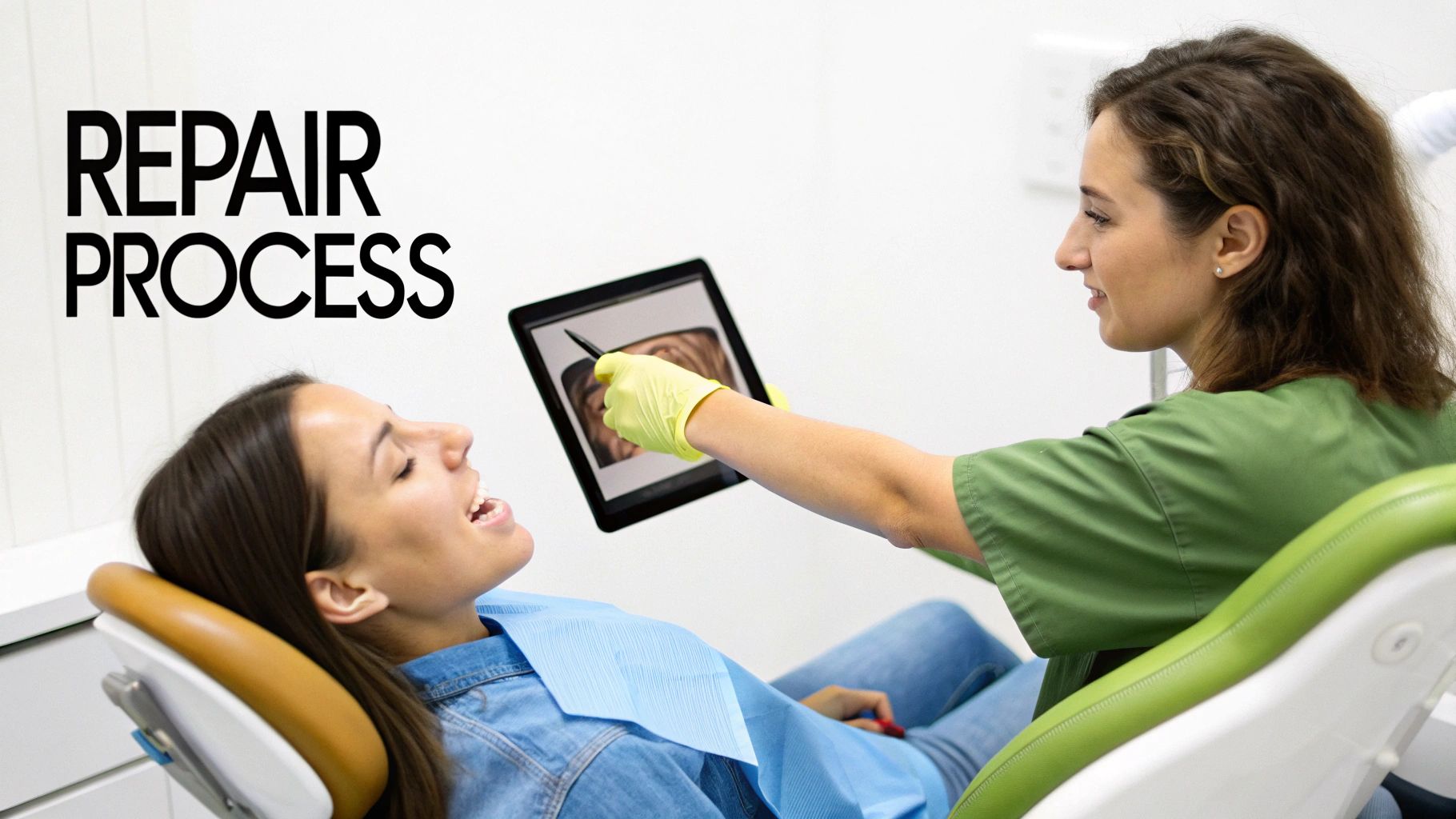 A dentist in a green scrub shirt explains a dental scan on a tablet to a patient in a dental chair.