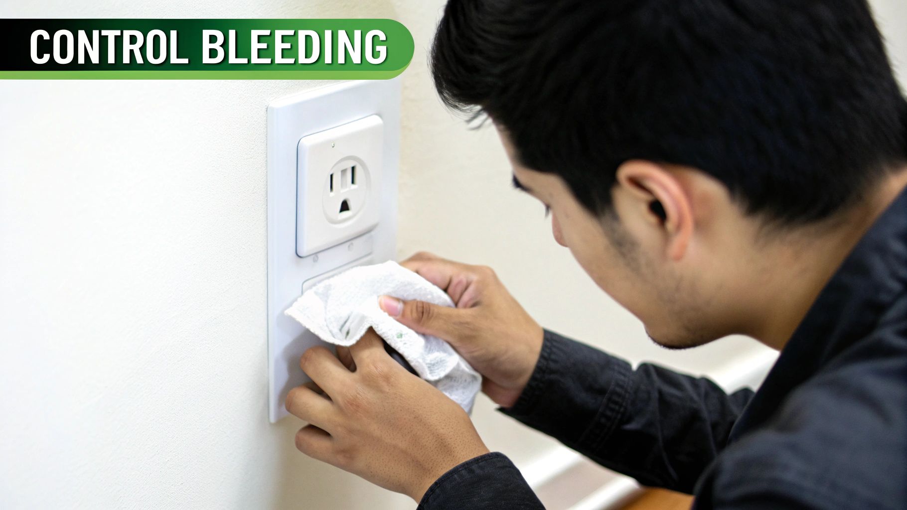 A person uses a white cloth to clean or interact with an electrical outlet on a wall.