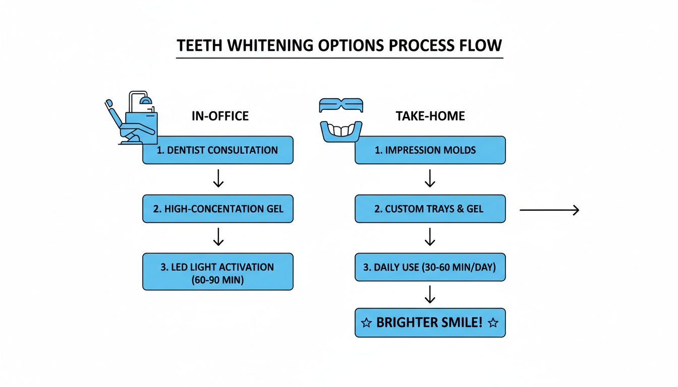 Flowchart showing two teeth whitening options: in-office and take-home processes.
