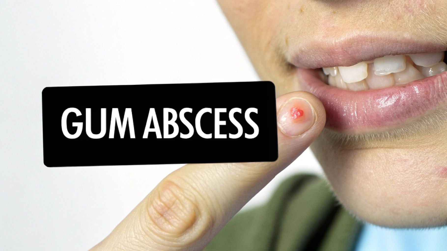 Close-up of a person's mouth, with a finger pointing to a red, inflamed gum abscess.