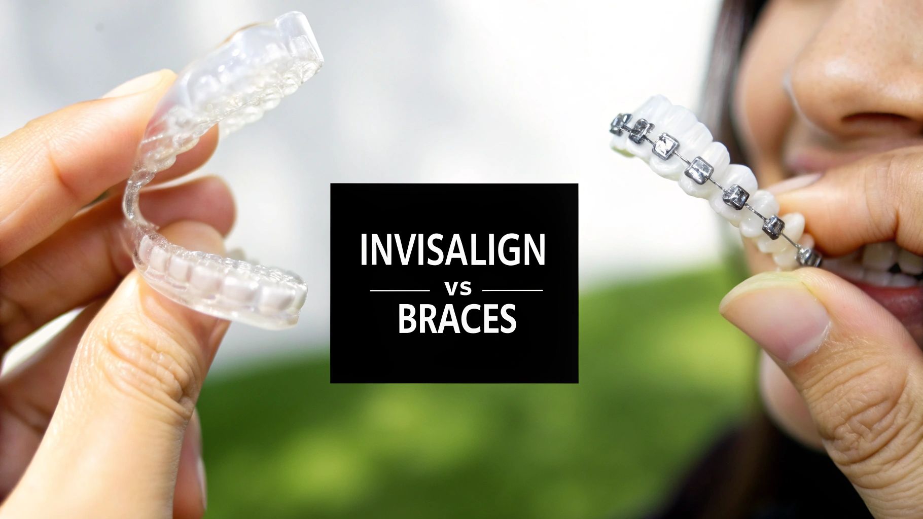 Comparison of a clear Invisalign aligner and traditional dental braces held in hands.