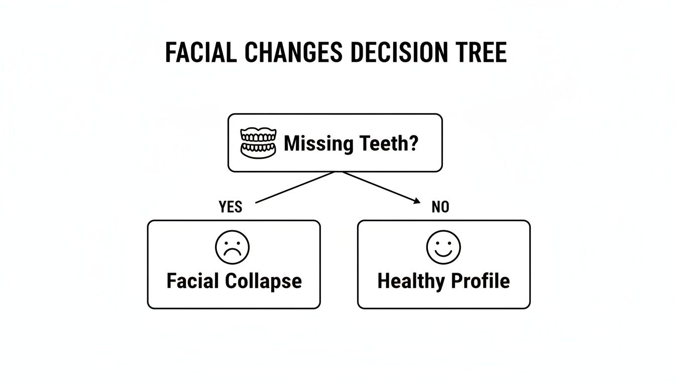 A decision tree illustrating facial changes based on missing teeth, leading to either facial collapse or a healthy profile.