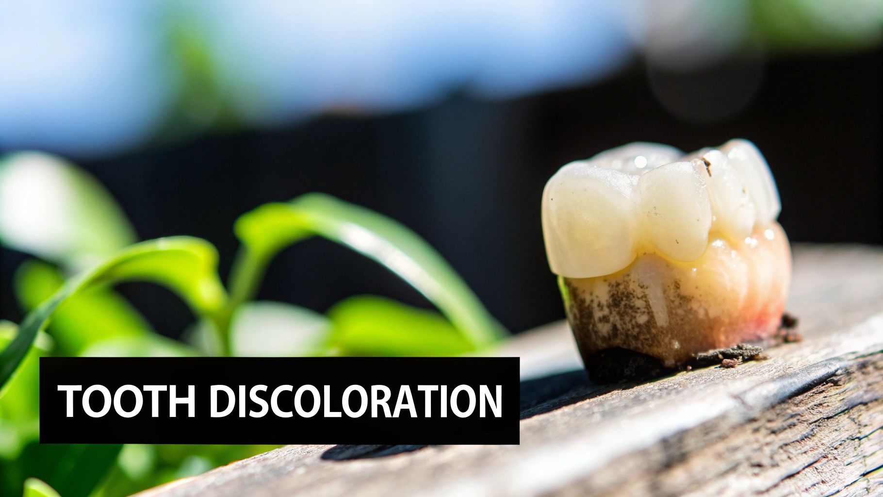 Close-up of a discolored prosthetic tooth resting on a wooden surface outdoors.