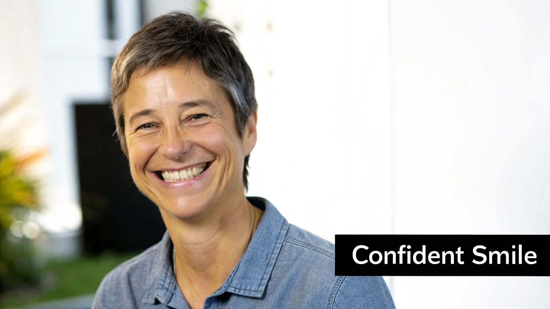 A confident, smiling middle-aged woman with short grey hair wearing a denim shirt.
