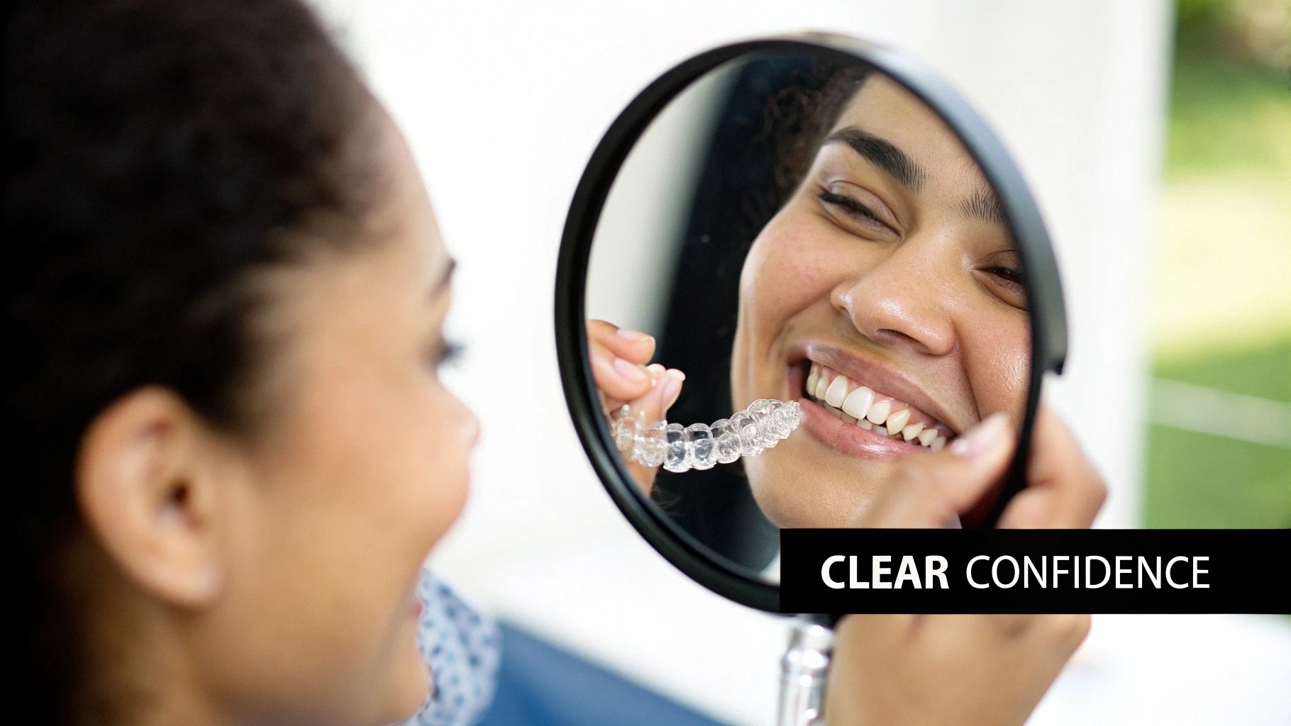 A happy woman smiles while holding clear dental aligners to her teeth, looking in a mirror.