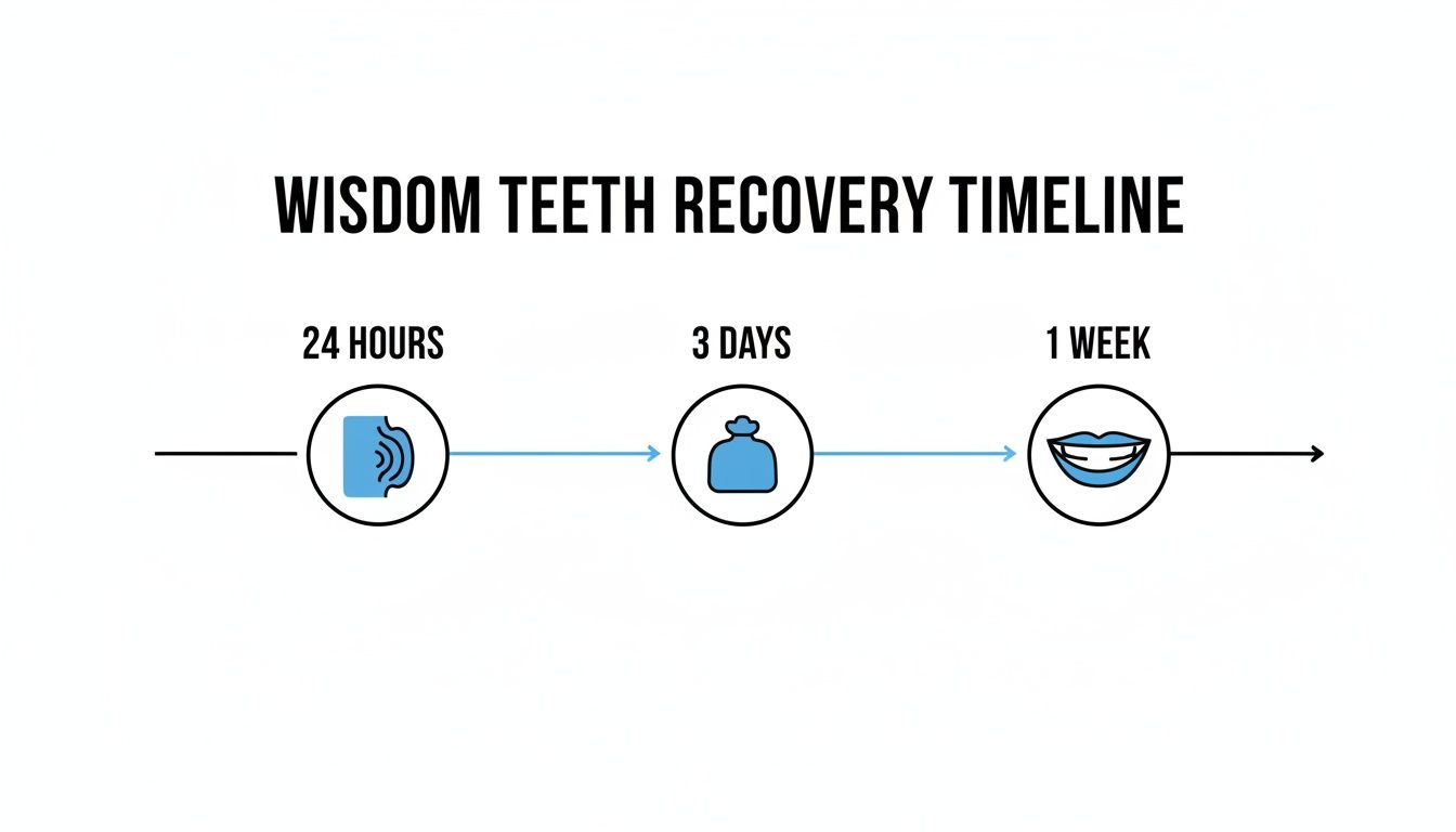 A wisdom teeth recovery timeline showing stages from 24 hours (pain icon) to 3 days (bag icon) to 1 week (smiling mouth).
