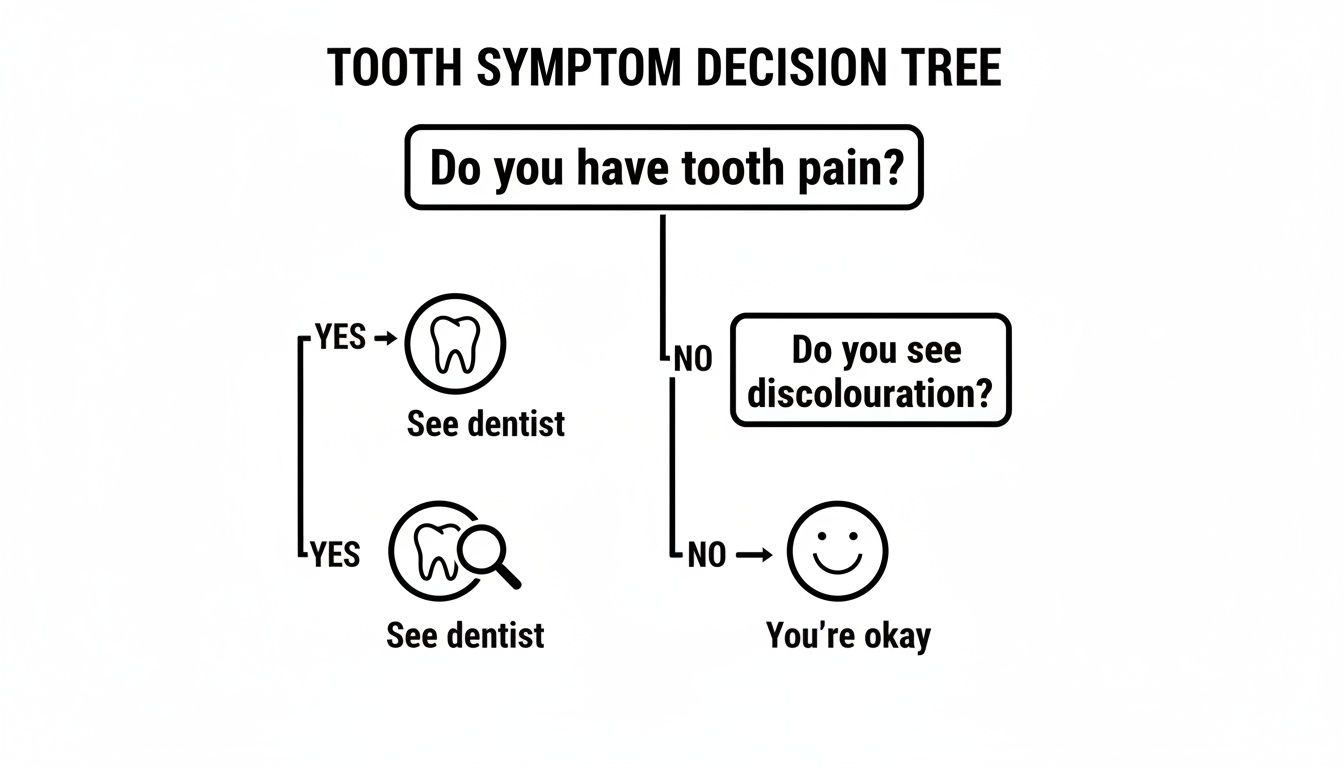 A tooth symptom decision tree flowchart showing when to see a dentist based on pain or discoloration.