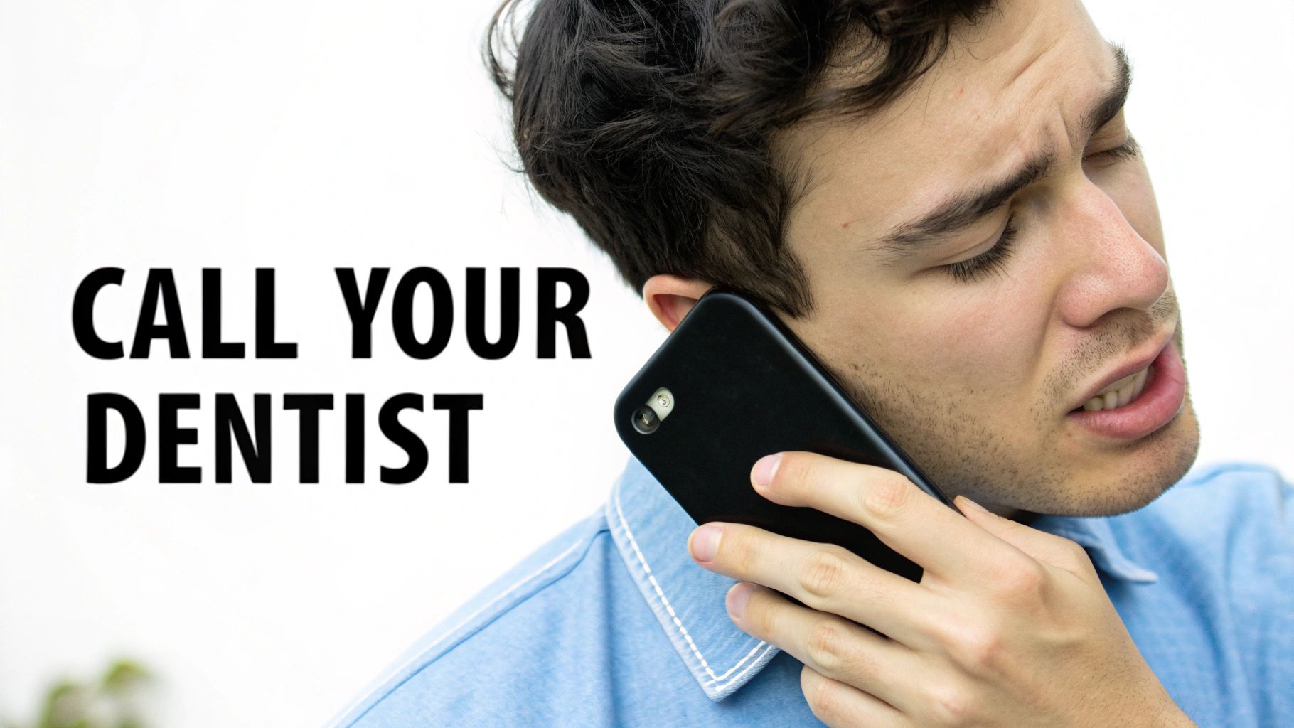 A man with a pained expression on a phone call, next to text "CALL YOUR DENTIST".