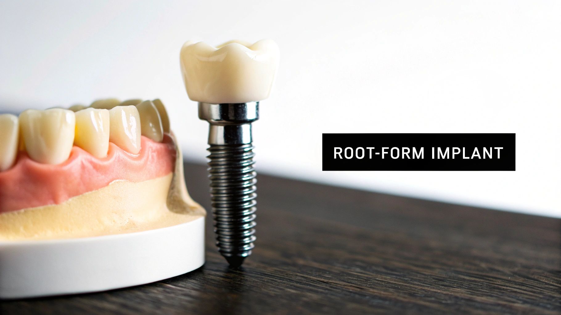 A close-up view of a dental model displaying teeth and gums next to a root-form dental implant.
