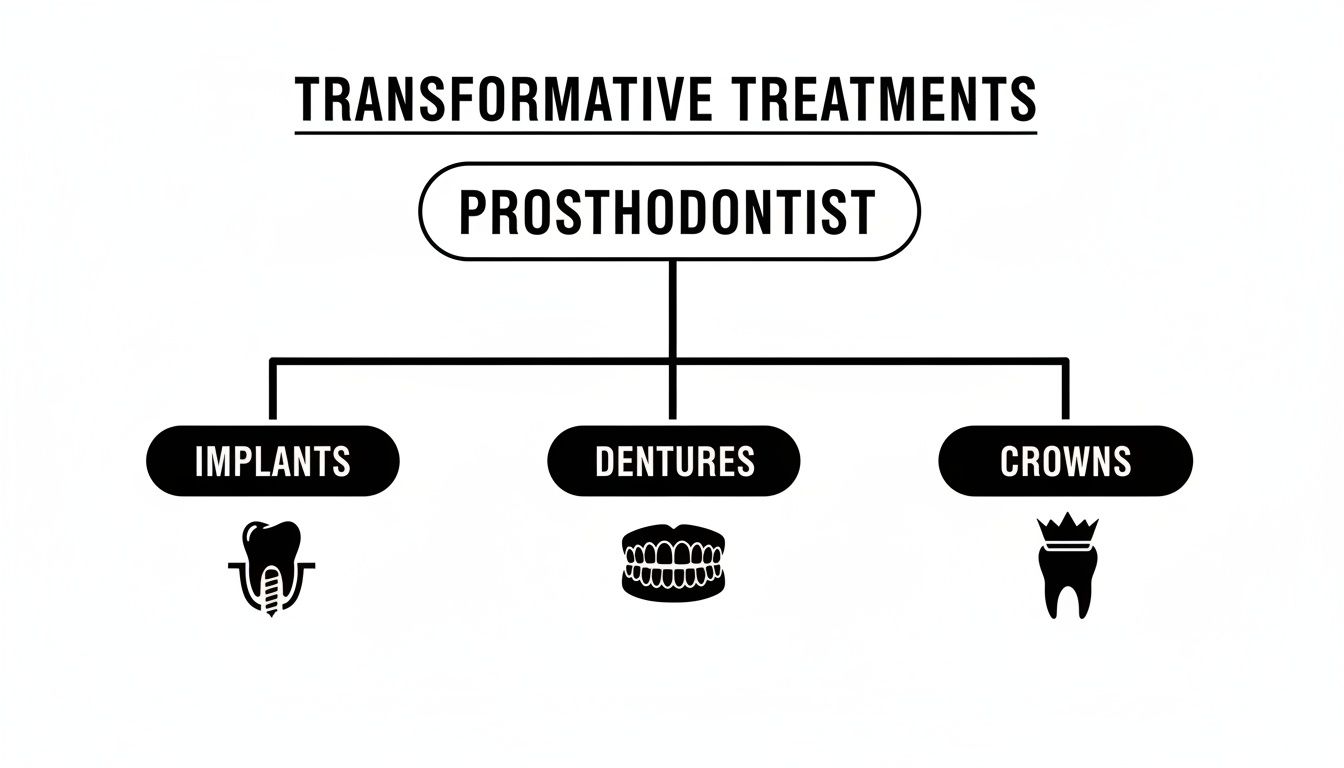 A diagram illustrating transformative dental treatments offered by a prosthodontist, including implants, dentures, and crowns.