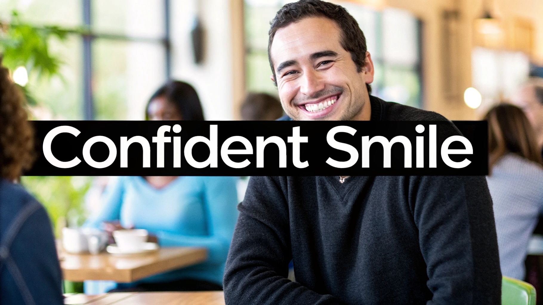 A man with a confident smile looking at the camera in a modern cafe.