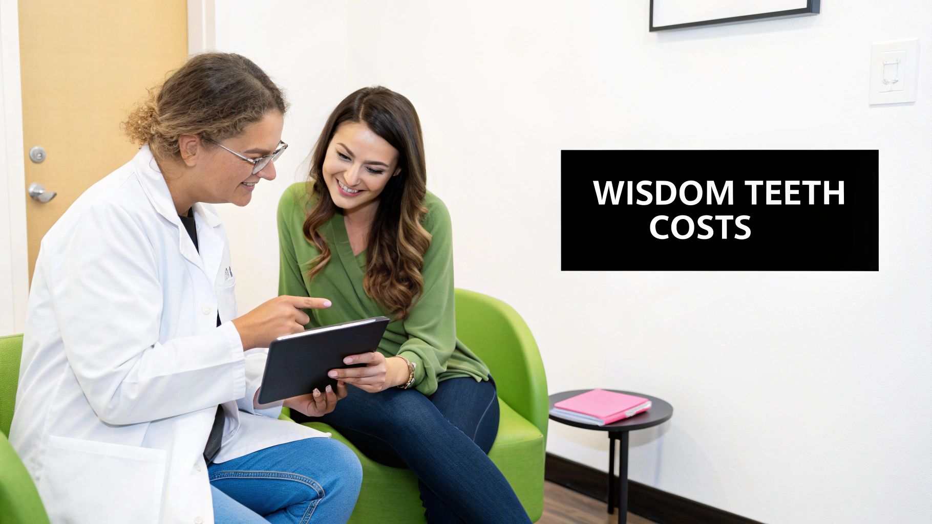 A dentist discusses wisdom teeth removal costs with a smiling patient using a tablet.