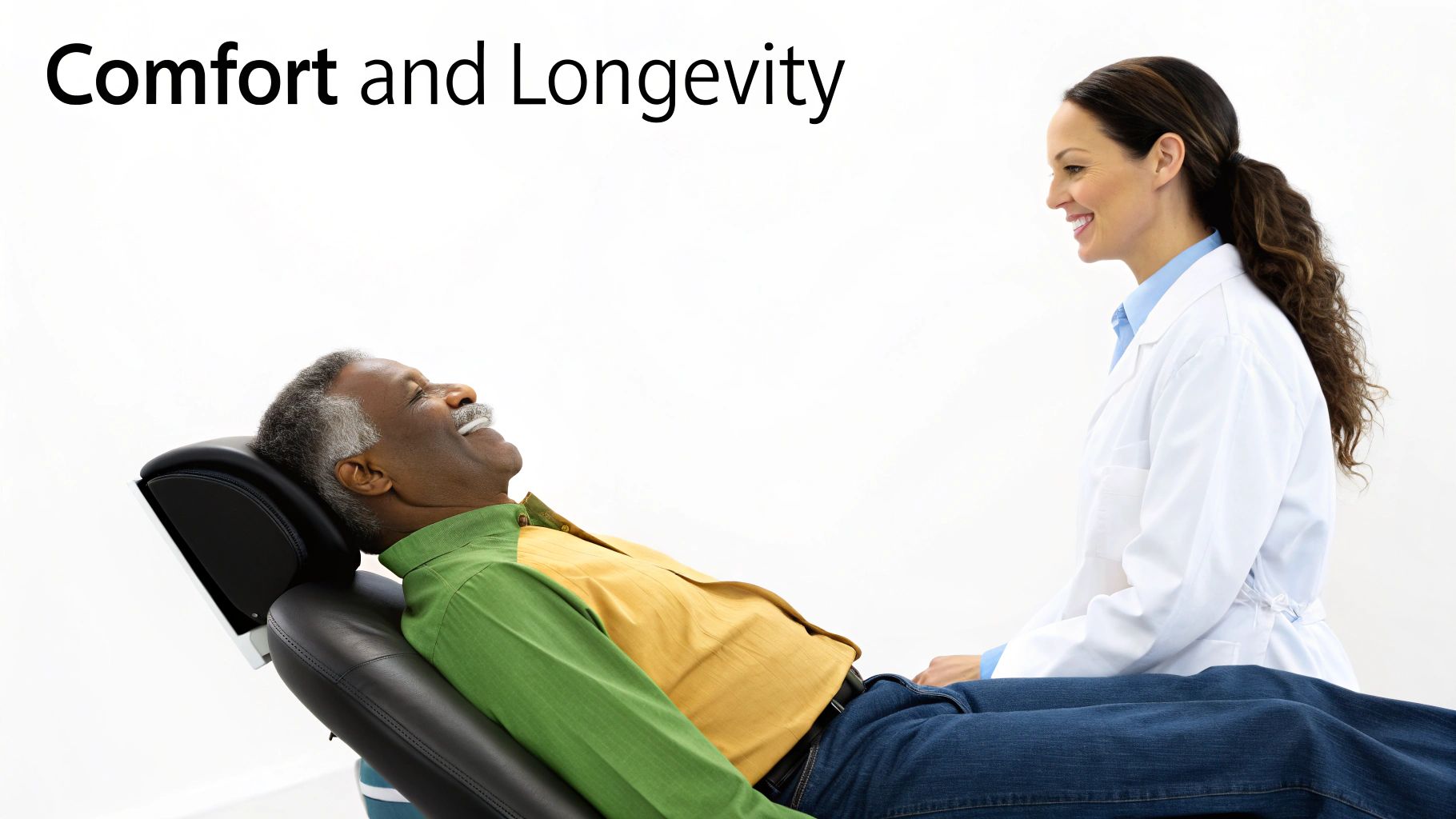 A smiling elderly man in a dental chair looks at a female dentist, illustrating comfort and longevity.