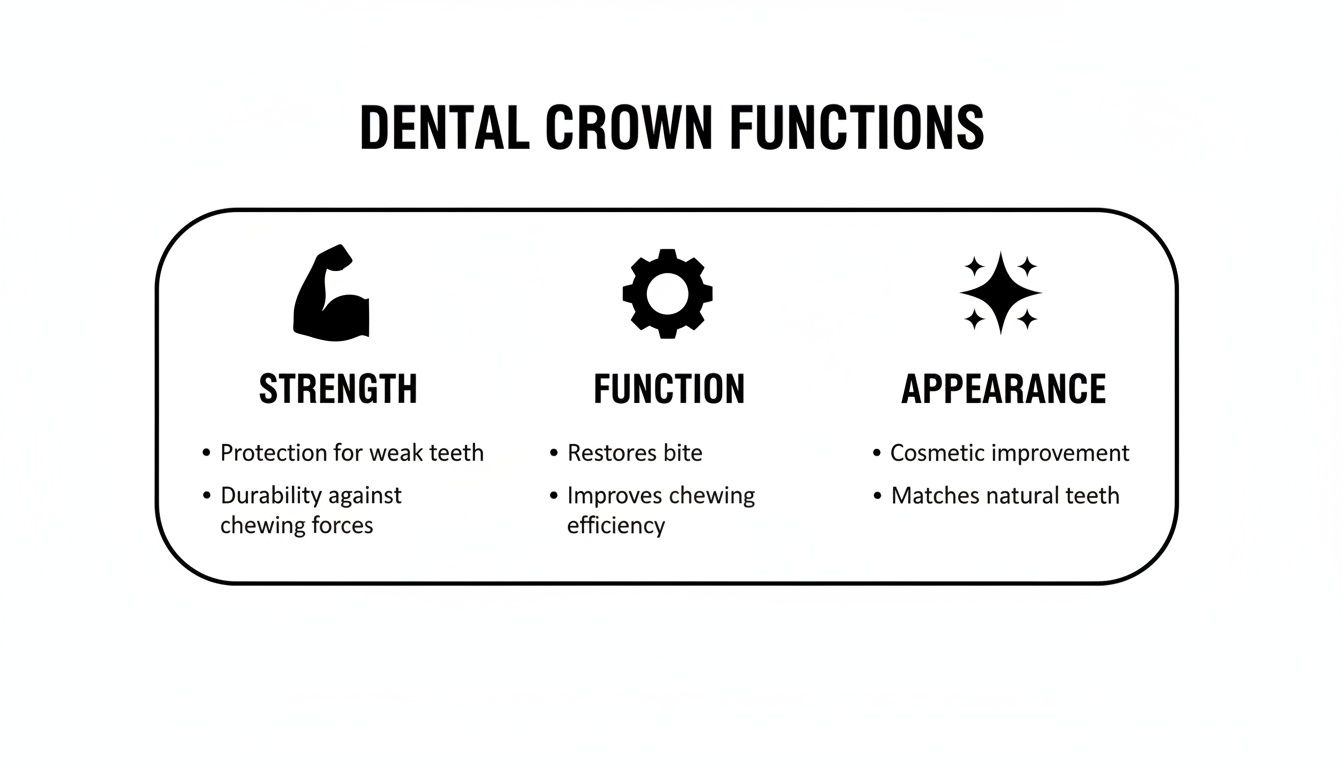 An infographic detailing the three main functions of dental crowns: strength, function, and appearance, with bulleted explanations.
