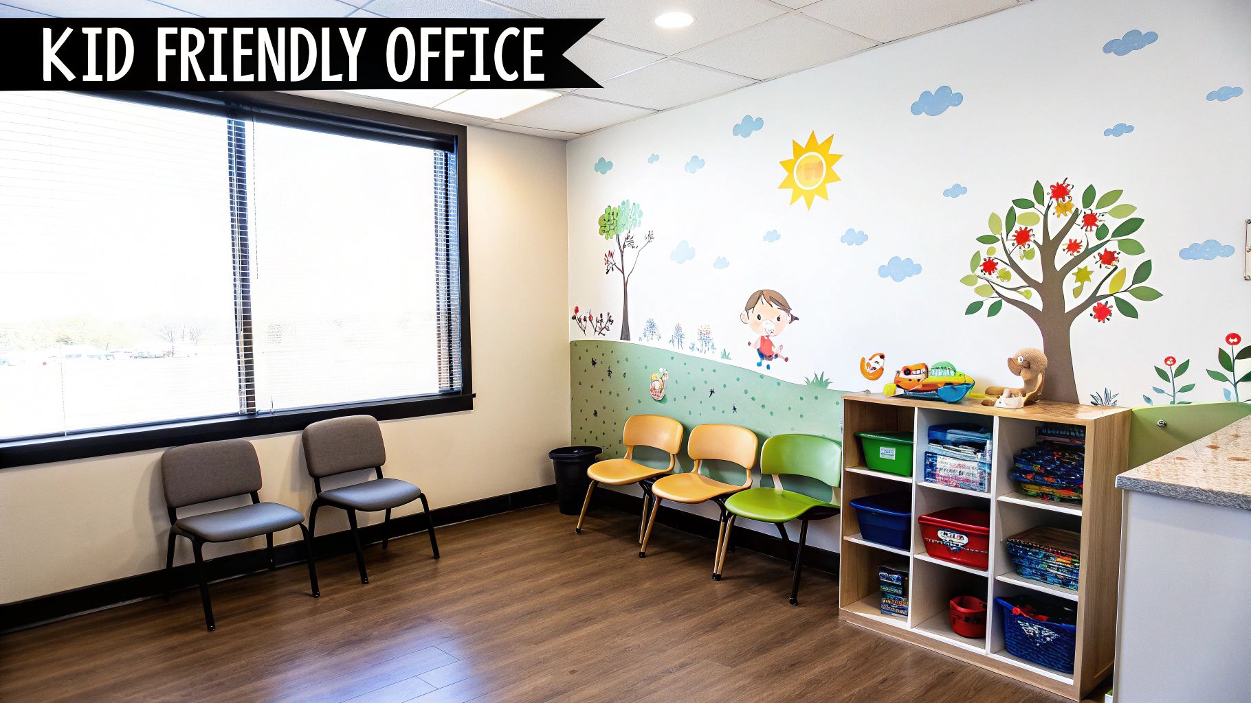A bright and colorful kid-friendly office waiting room with cartoon wall murals, small chairs, and a toy shelf.
