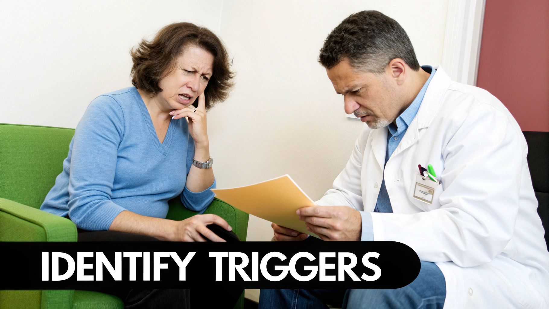 Patient with dental pain discussing symptoms with dentist to identify anxiety triggers