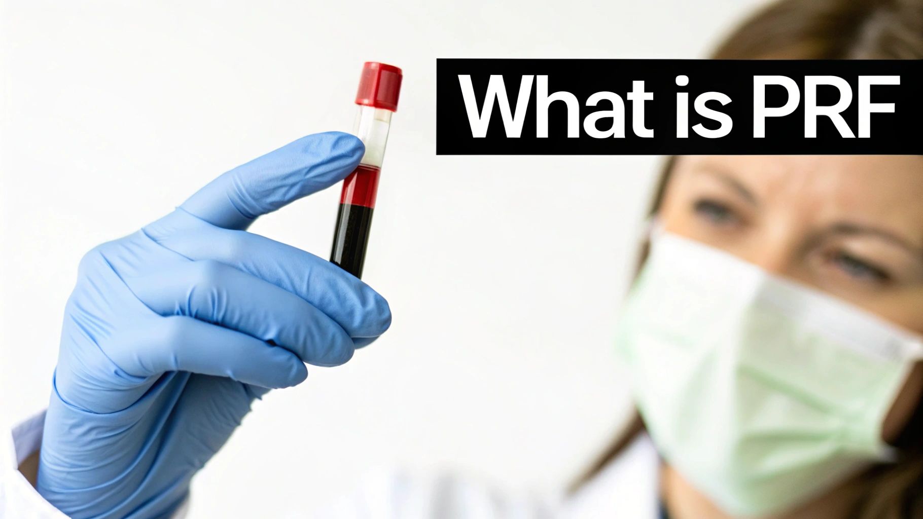 A gloved medical professional holds a blood test tube displaying separated components, with text 'What is PRF'.
