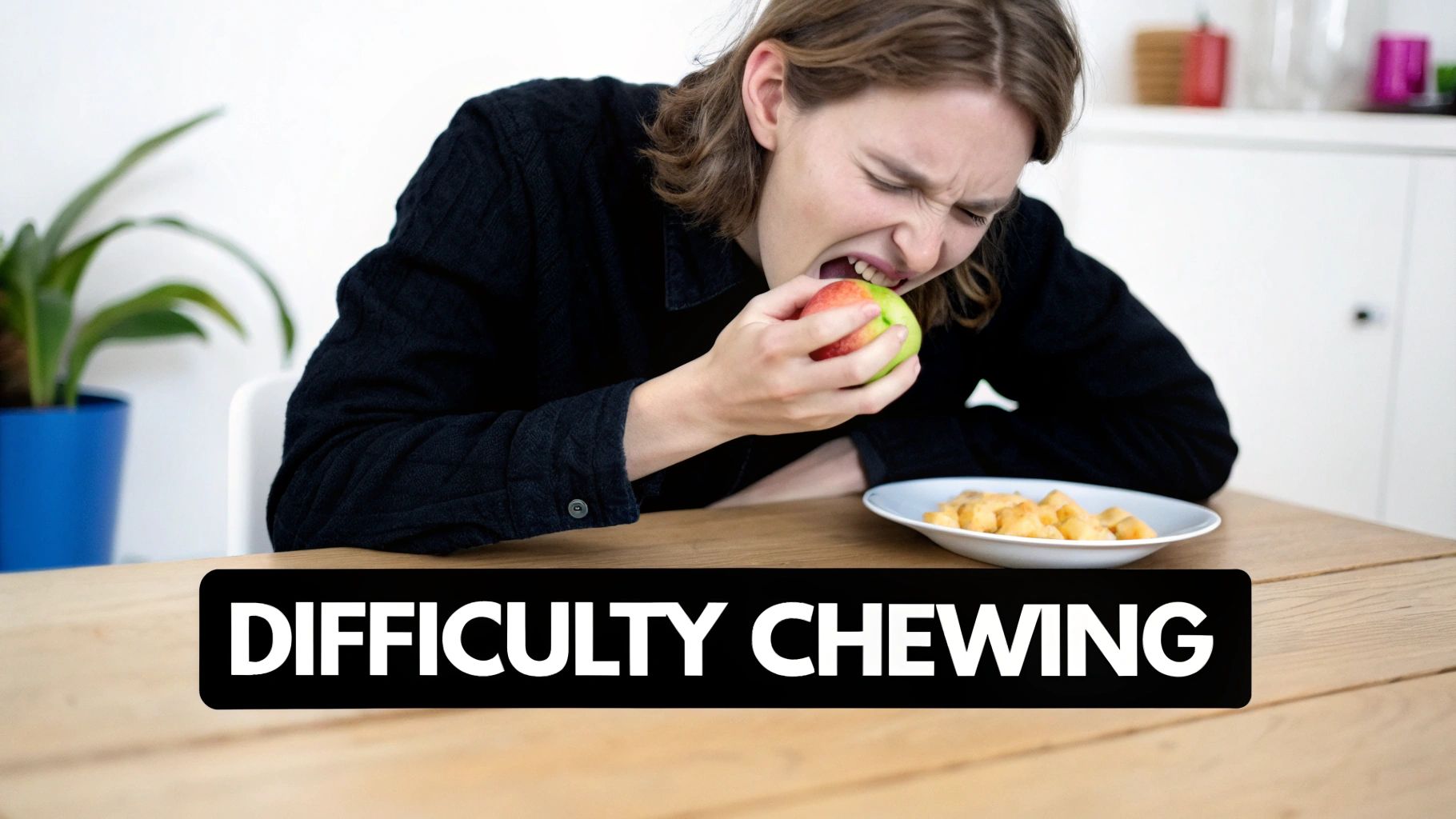 A young person grimaces while trying to bite into a green apple, signifying chewing difficulty.