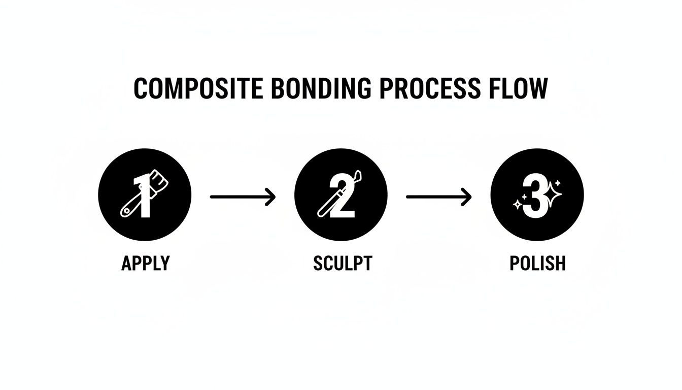 A diagram illustrating the three steps of composite bonding: apply, sculpt, and polish, shown with sequential icons.