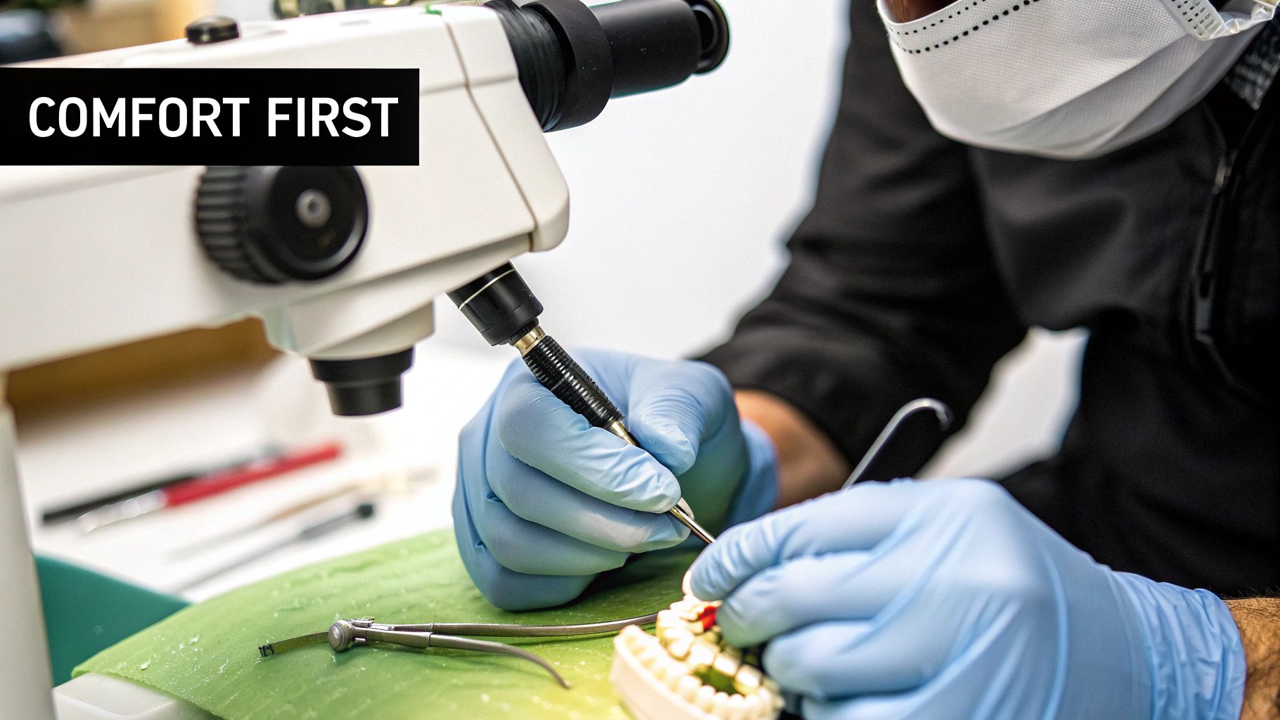Dental technician wearing gloves and mask works with precision on a dental model under a microscope.